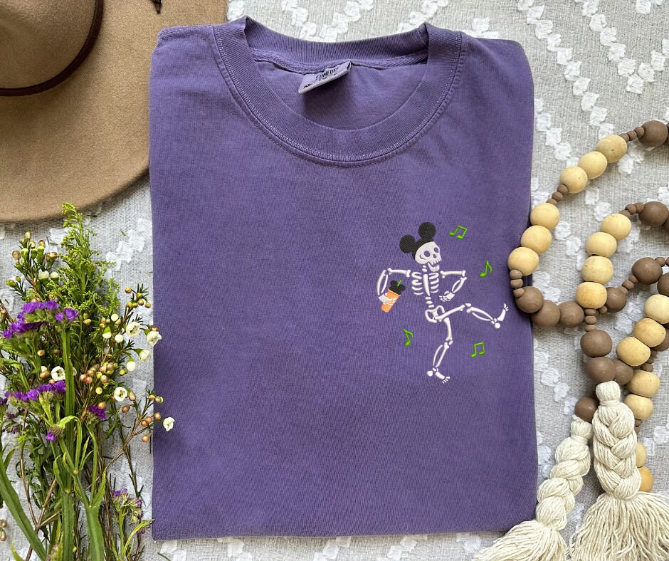 Embroidered Disney Halloween Dancing Skeleton Shirt with Mickey – Halloween Party Tee for Disney Fans - photo 5