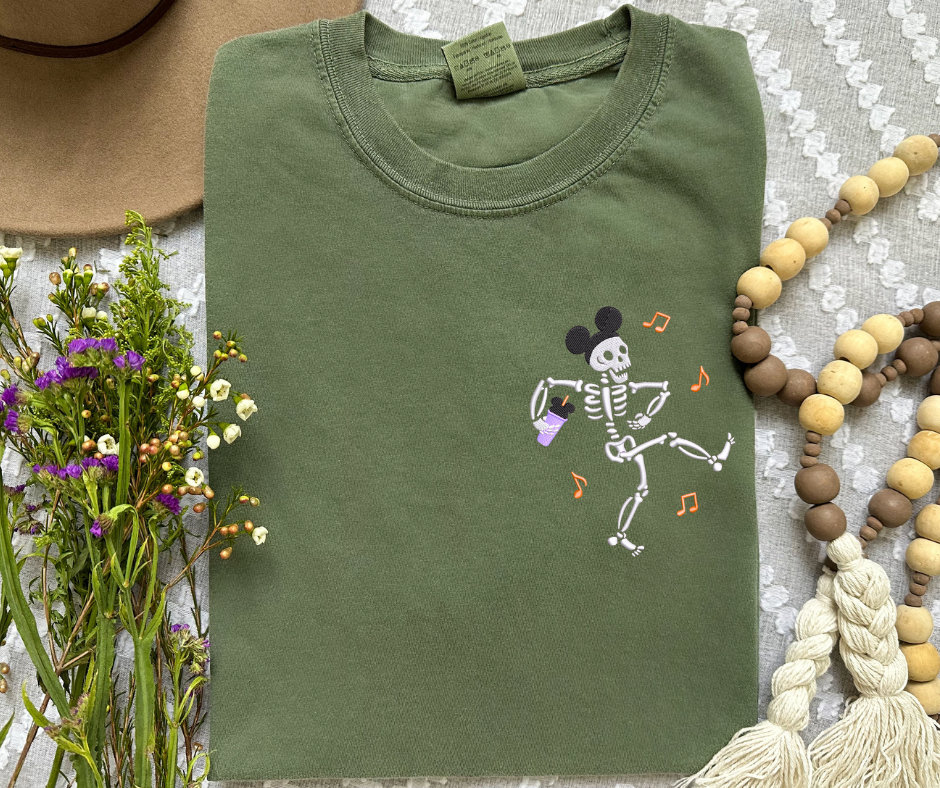 Embroidered Disney Halloween Dancing Skeleton Shirt with Mickey – Halloween Party Tee for Disney Fans - photo 6