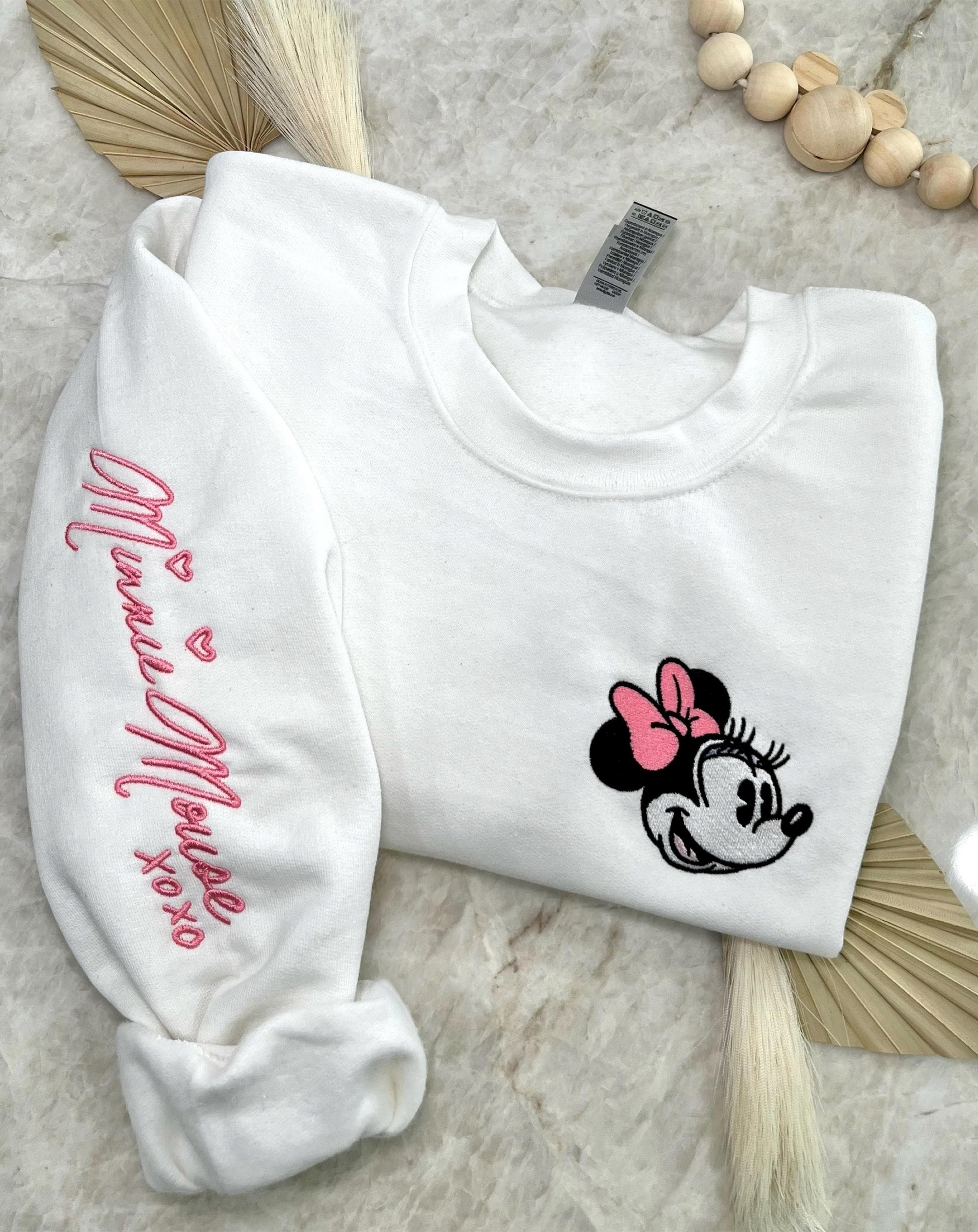 Minnie Mouse Inspired Autograph Crewneck Sweater with Signature Sleeve Embroidery – Magical Embroidered Crewneck