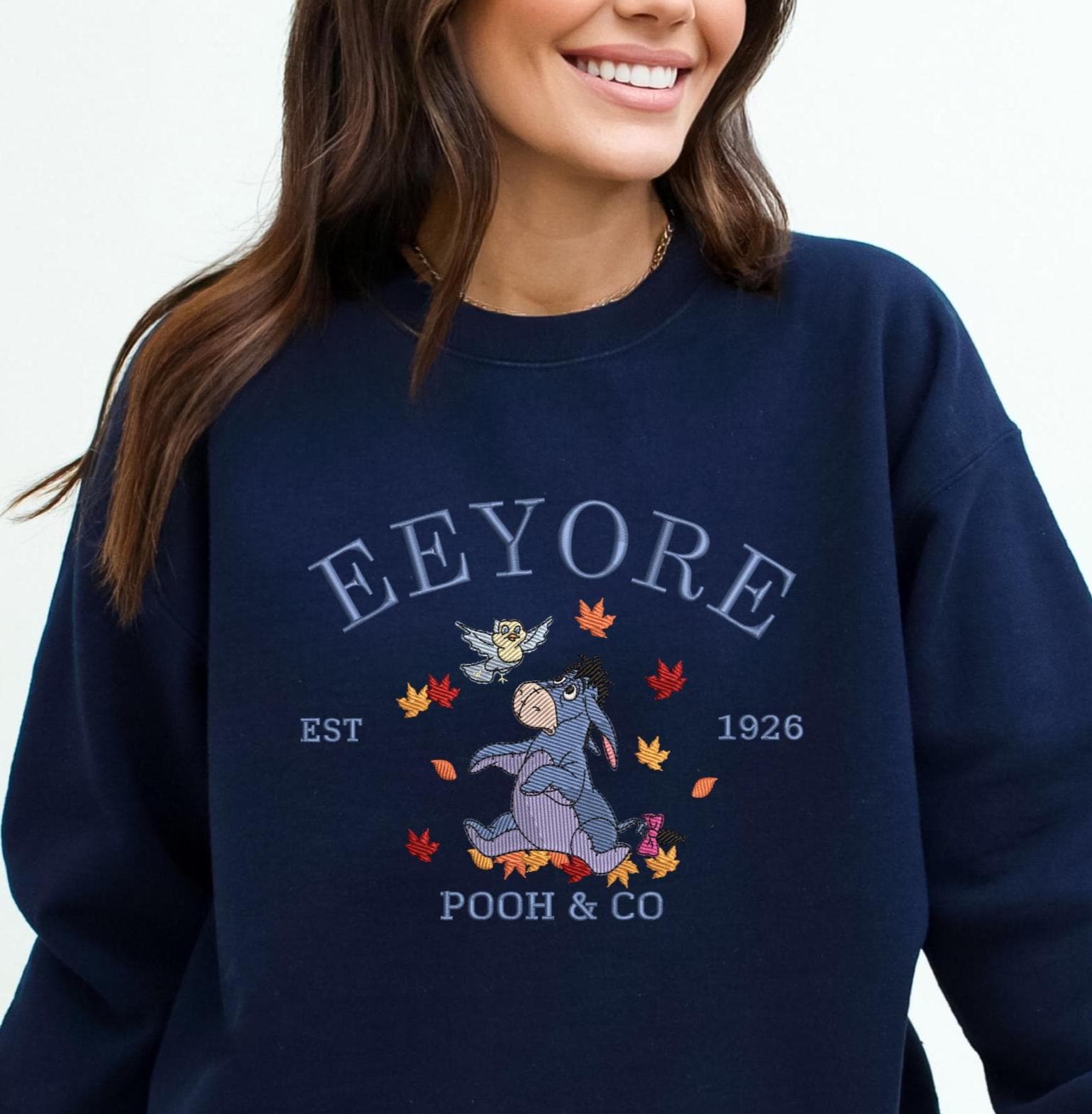 Embroidered Eeyore Fall Leaves Sweatshirt – Cozy Custom Crew Neck for Men, Women and Family Friends in Disney Matching Style