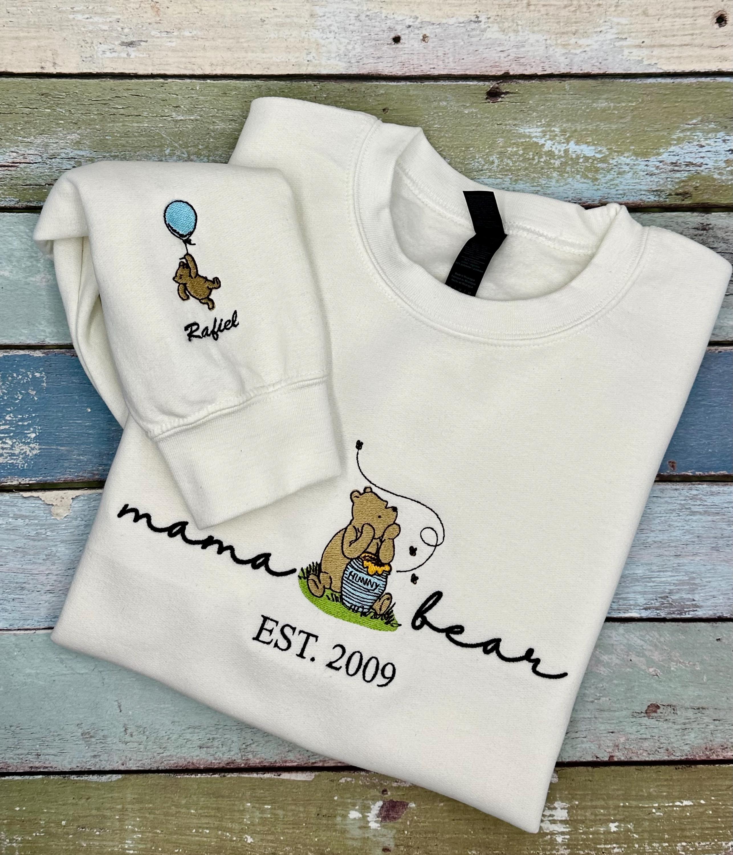 Custom Embroidered Classic Winnie the Pooh Mama Bear Sweatshirt with Name and Est Date on Sleeve – Mother's Day Gift for New Mom