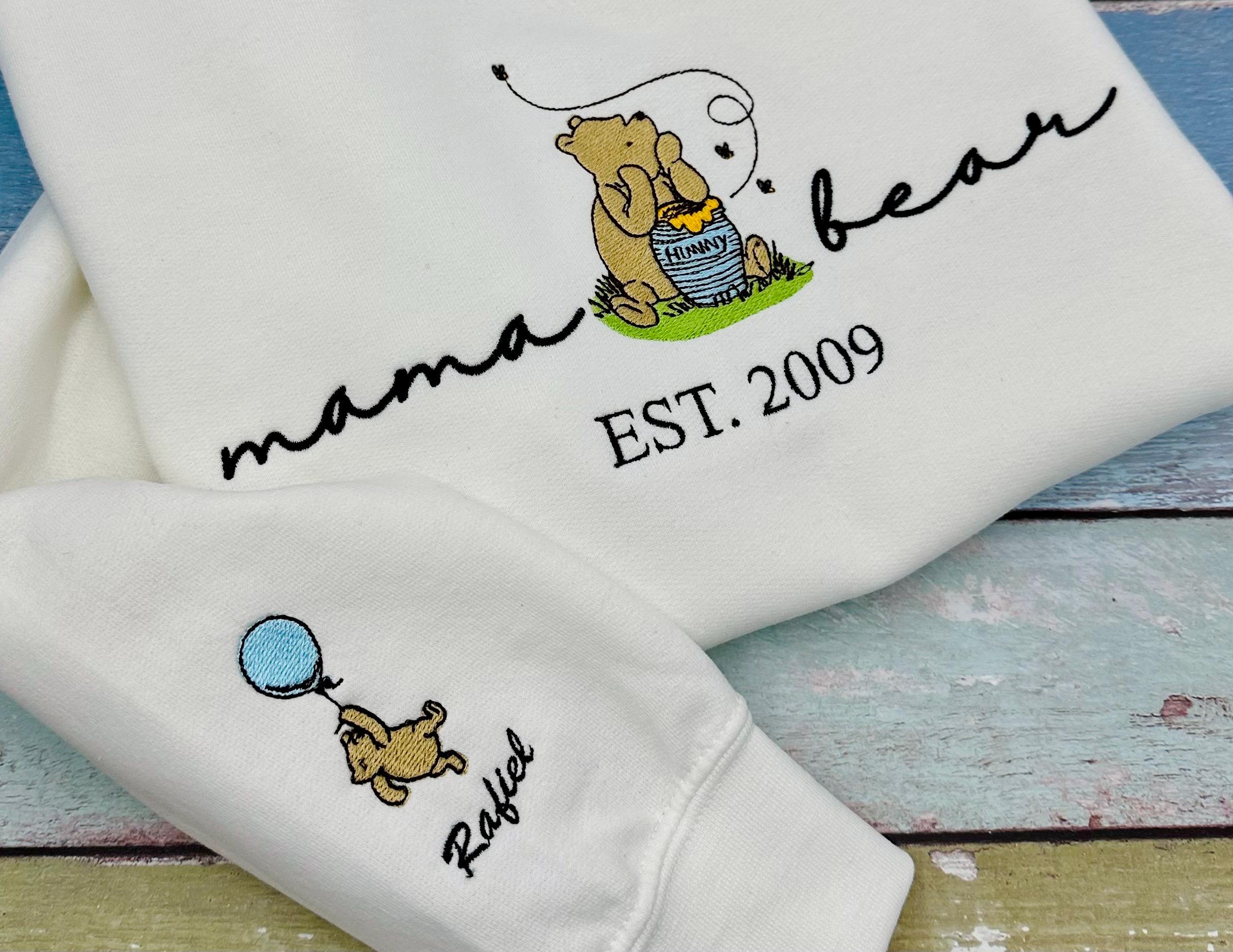 Custom Embroidered Classic Winnie the Pooh Mama Bear Sweatshirt with Name and Est Date on Sleeve – Mother's Day Gift for New Mom - photo 2