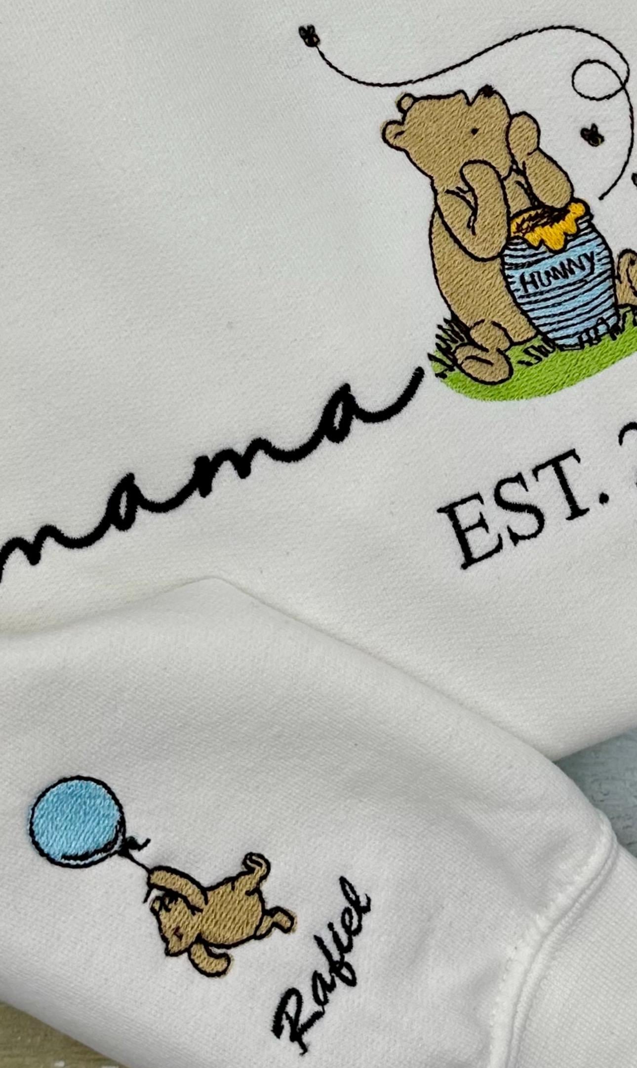 Custom Embroidered Classic Winnie the Pooh Mama Bear Sweatshirt with Name and Est Date on Sleeve – Mother's Day Gift for New Mom - photo 3