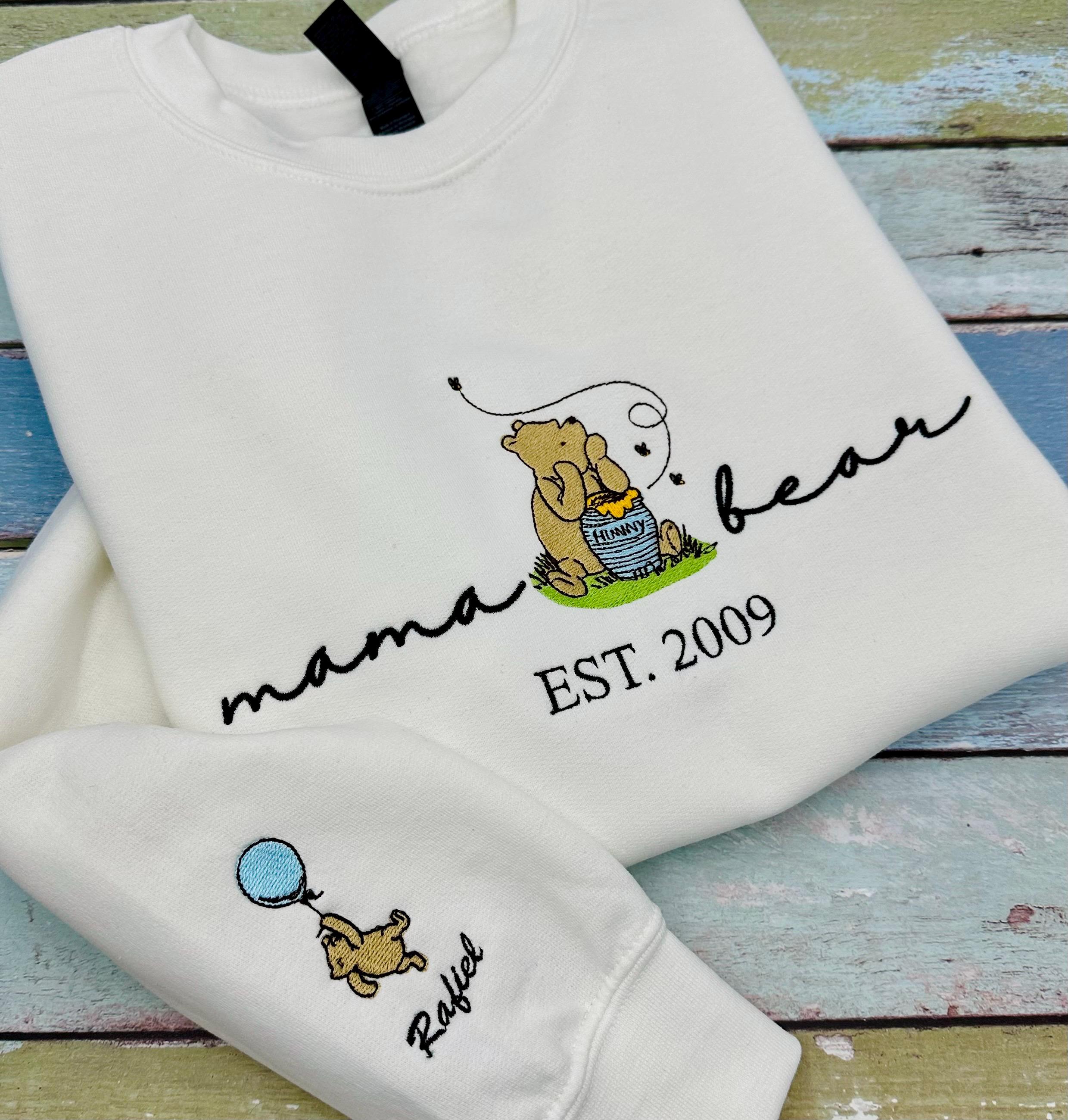 Custom Embroidered Classic Winnie the Pooh Mama Bear Sweatshirt with Name and Est Date on Sleeve – Mother's Day Gift for New Mom - photo 4