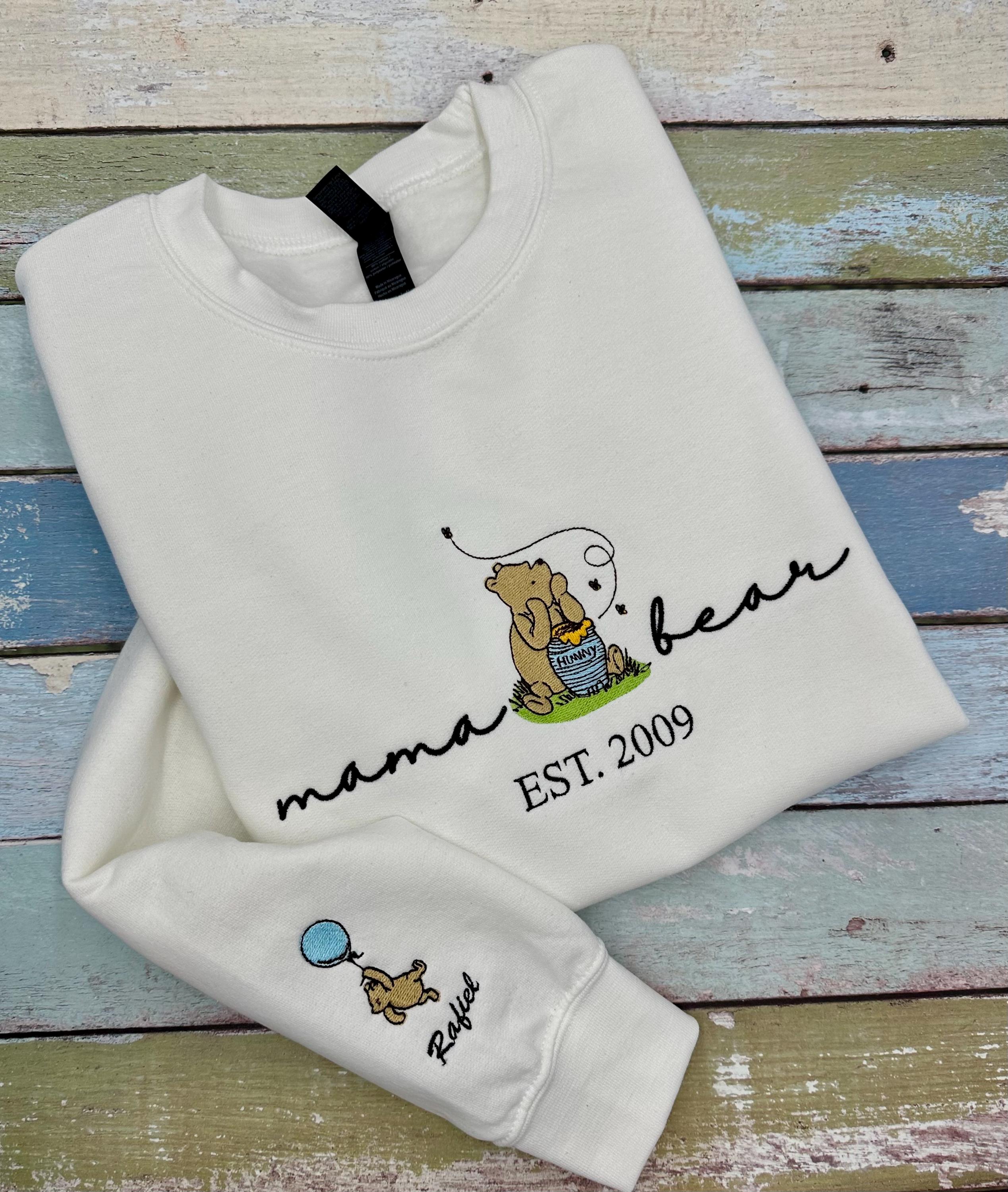 Custom Embroidered Classic Winnie the Pooh Mama Bear Sweatshirt with Name and Est Date on Sleeve – Mother's Day Gift for New Mom - photo 5