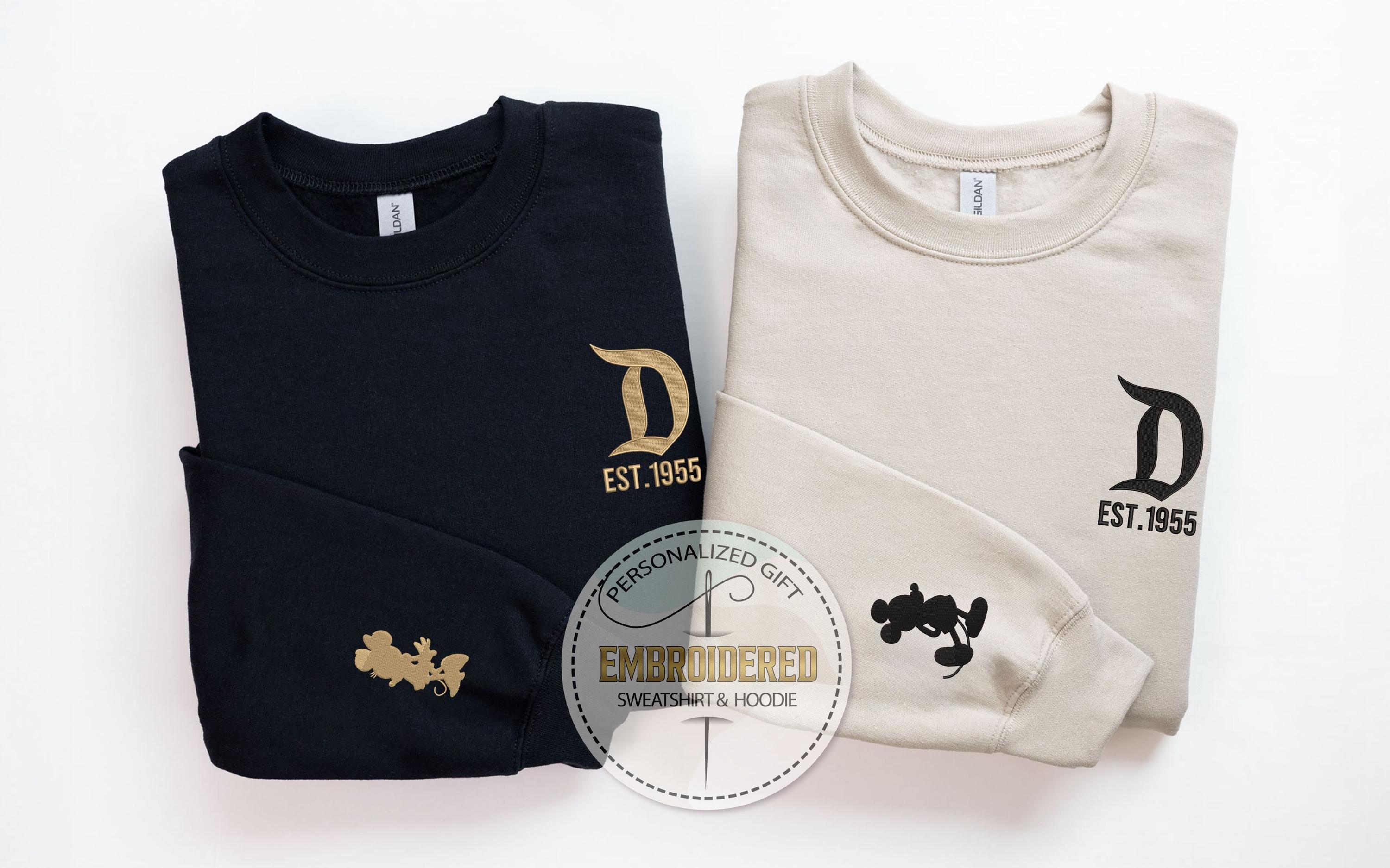 Personalized Disney Est 1955 Embroidered Sweatshirt with Mickey or Minnie – Retro Custom Crewneck Hoodie for Family Vacation