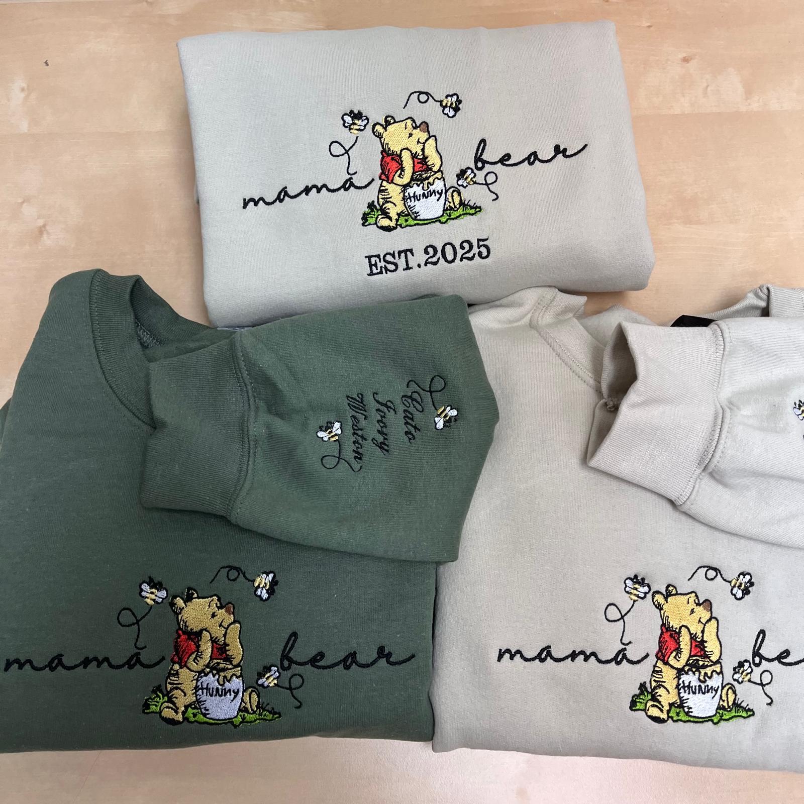 Personalized Embroidered Mama and Papa Bear Disney Sweatshirt with Kids Names on Sleeve – Custom Best Mom Gift Shirt