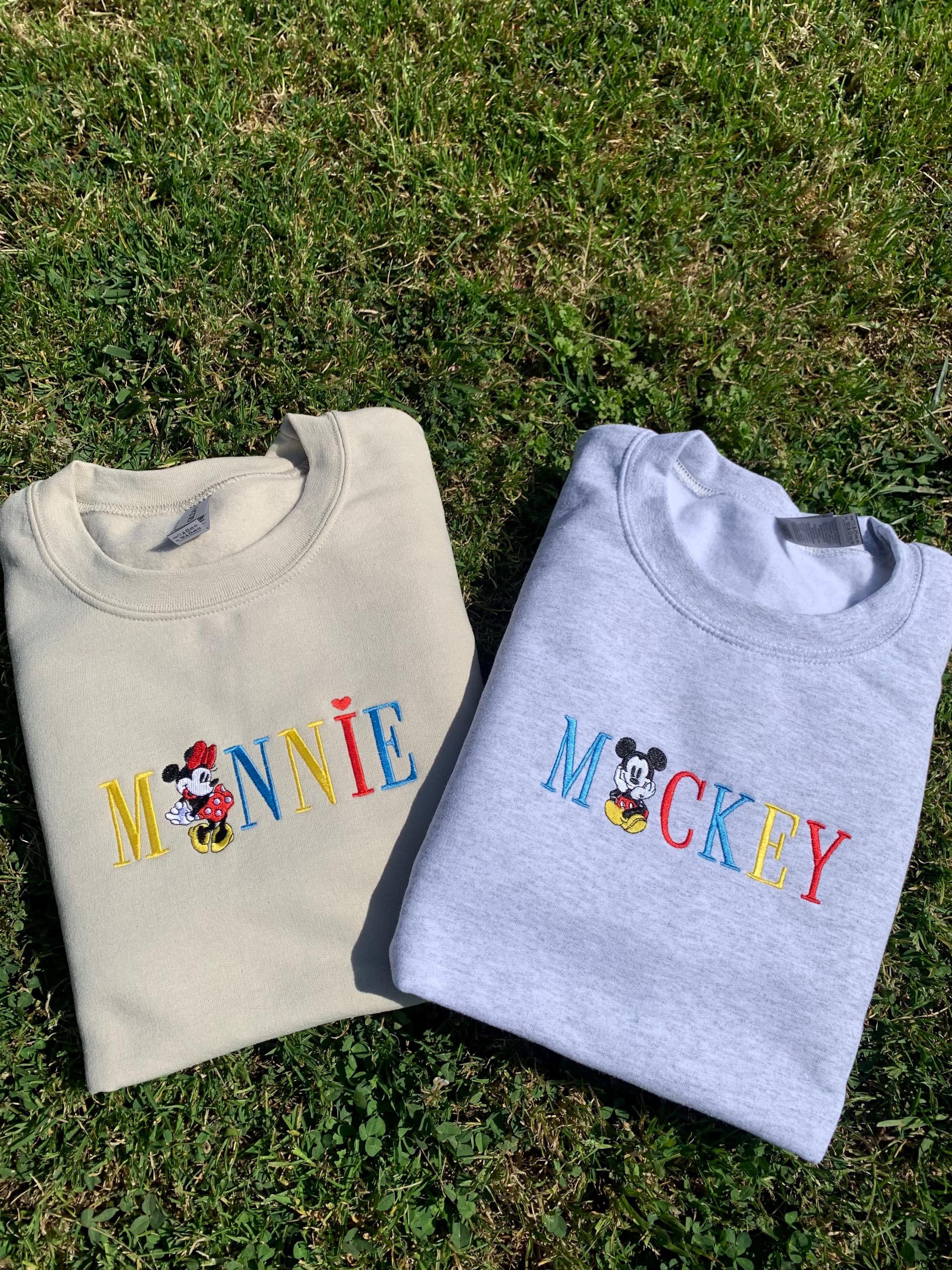 Vintage Mickey and Minnie Embroidered Tee or Sweater – Retro Disney Mouse Embroidery Shirt for Adults