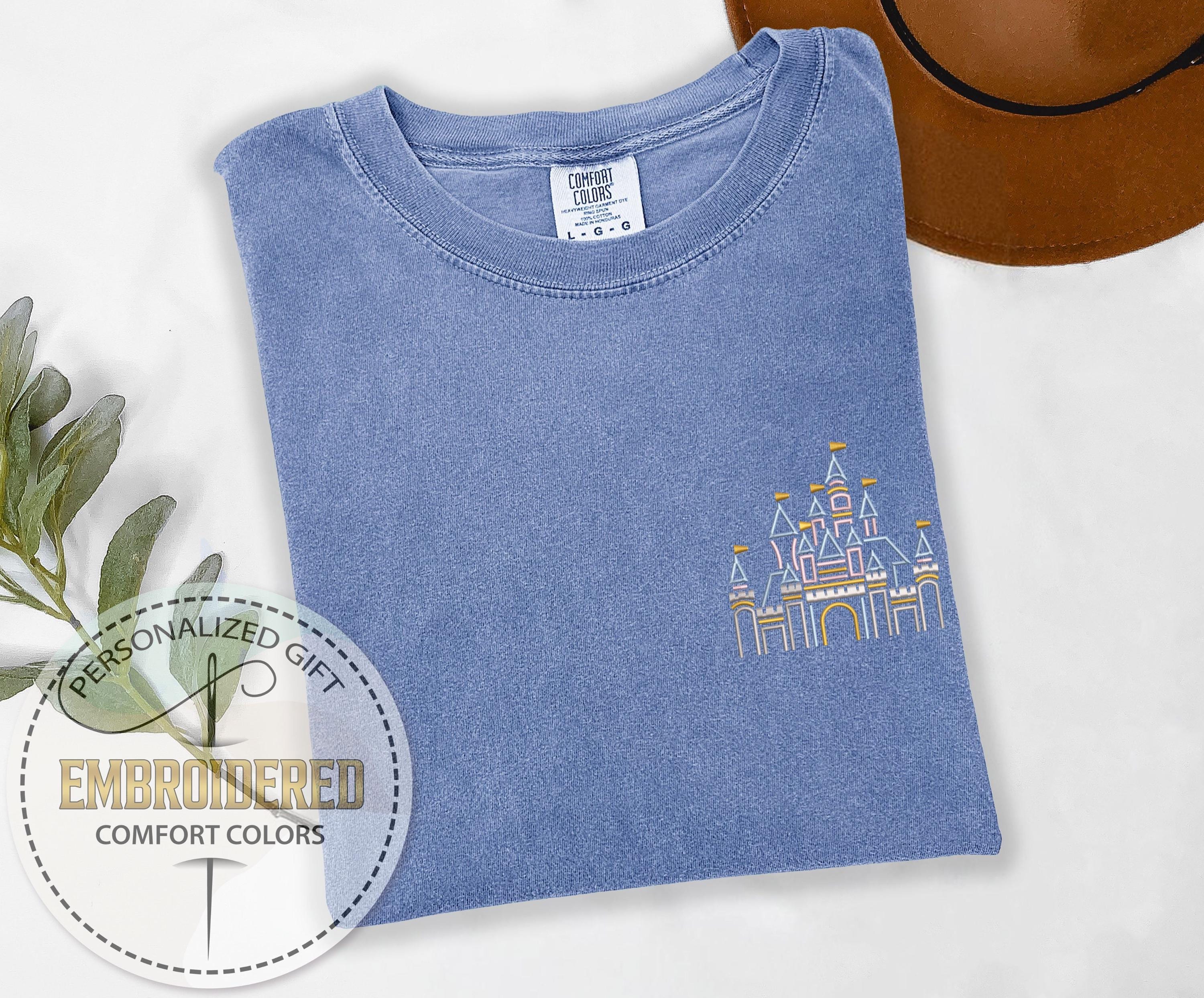 Embroidered Disney Castle Comfort Colors T-Shirt – Magical Kingdom Fairytale Fan Tee for Theme Park Fashion and Gifts