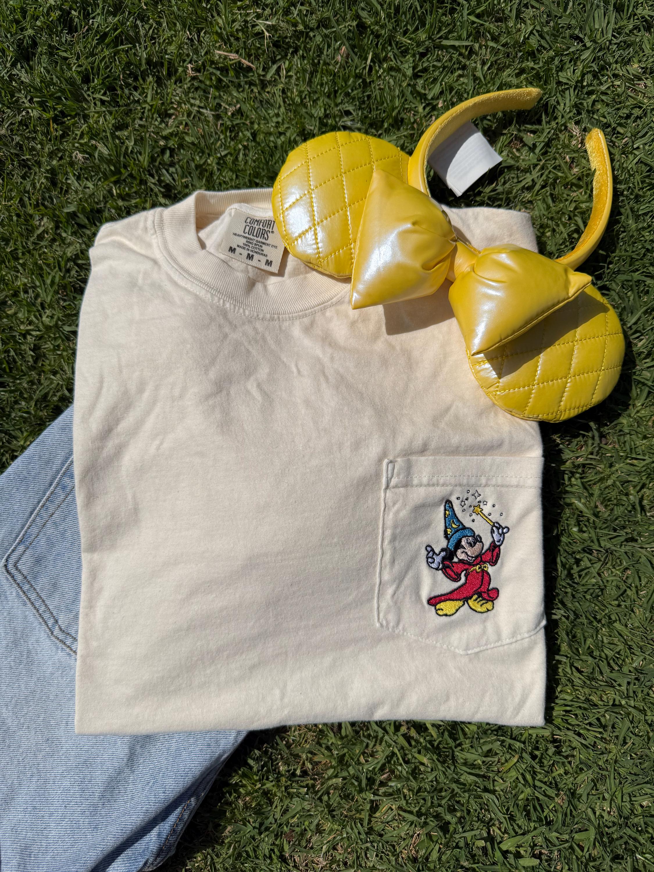 Vintage Sorcerer Mickey Embroidered Pocket Tee – Retro Disney Mickey Mouse Embroidery Shirt for Fans