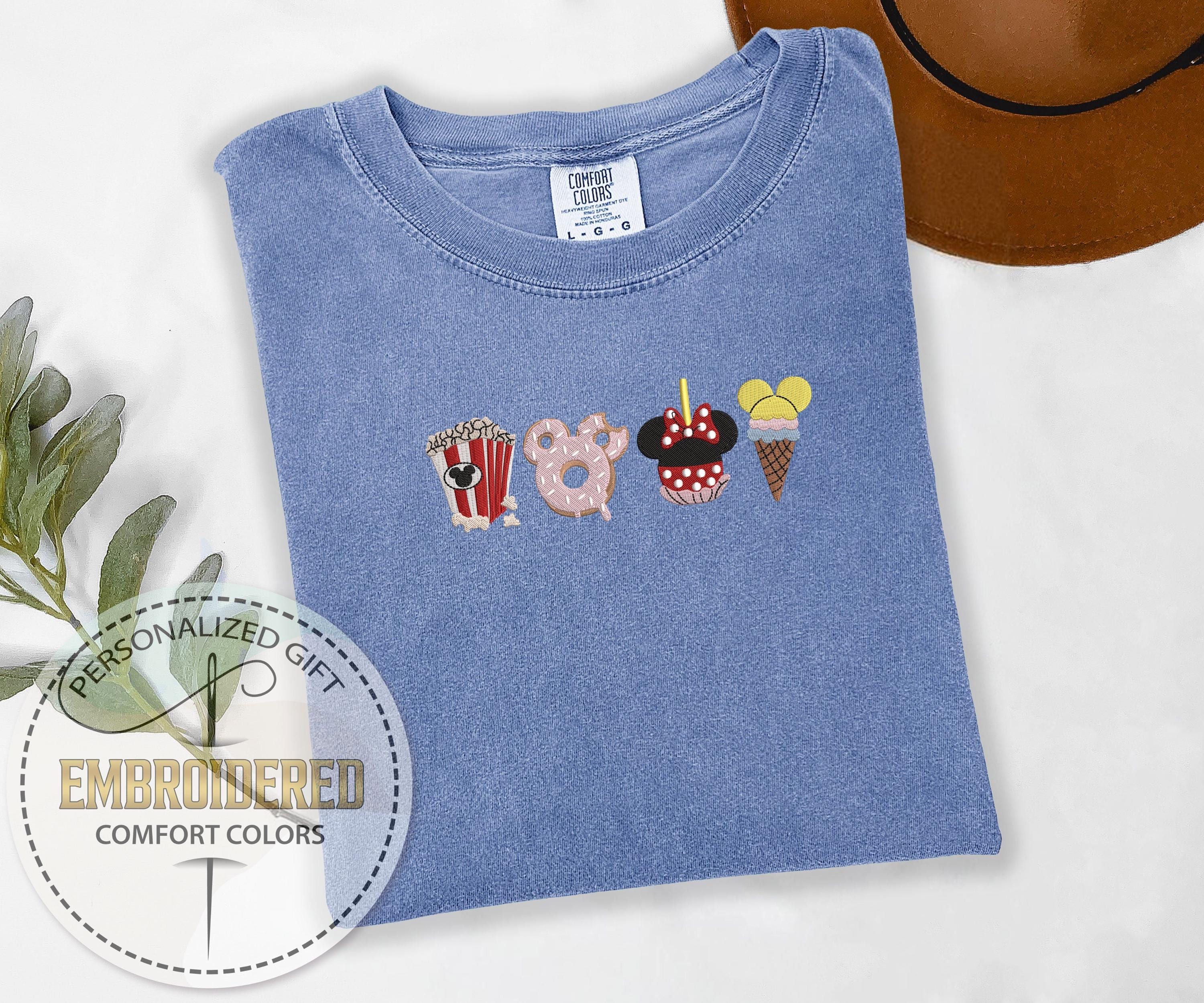 Embroidered Disney Snacks Comfort Colors T-Shirt – Minnie Embroidery Tee for Magic Kingdom and Disneyland Trips