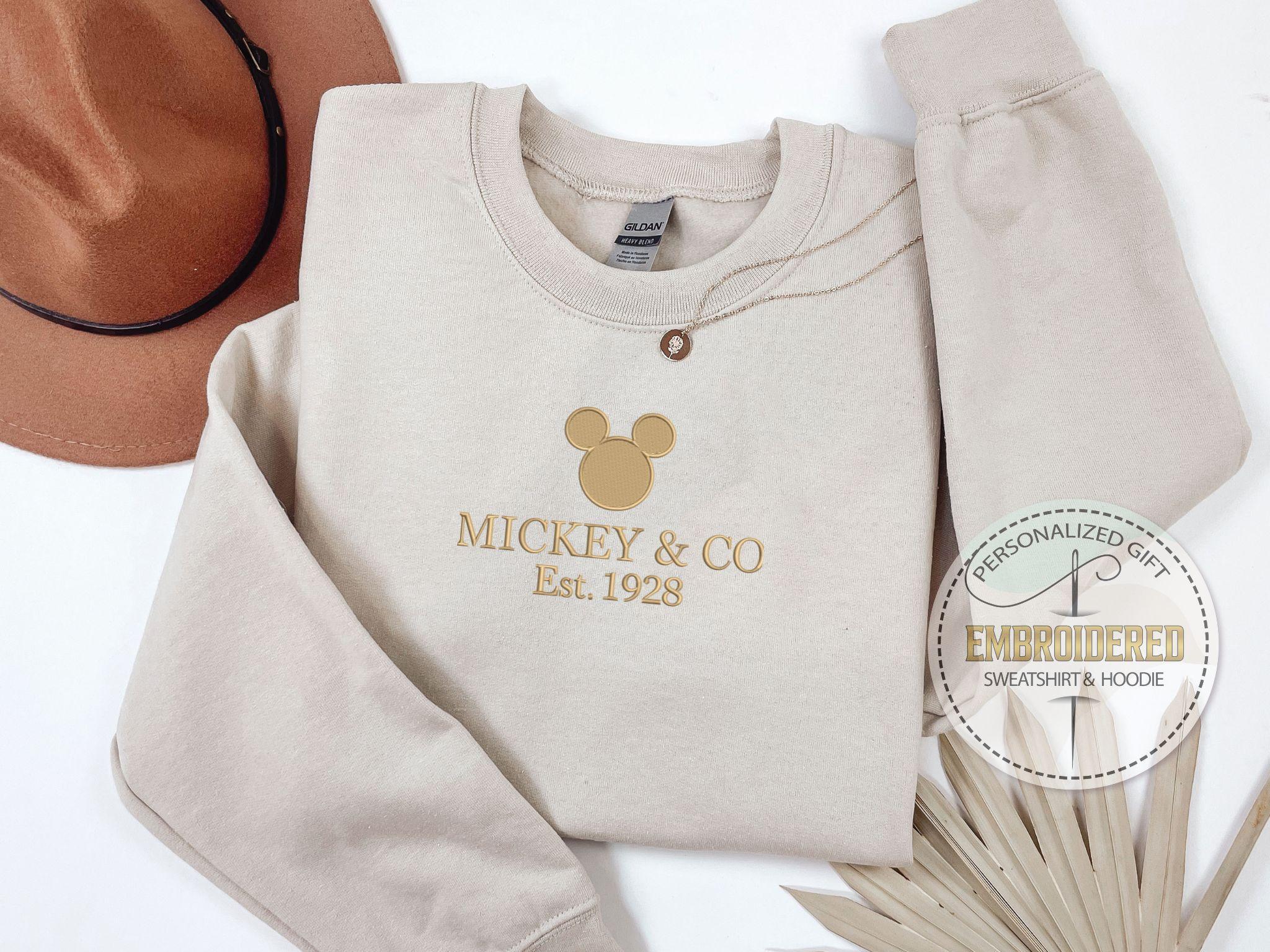Disney Logo Embroidered Sweatshirt with Mickey or Minnie and Co Est 1928 – Custom Thread Color Main Street Crewneck Gift