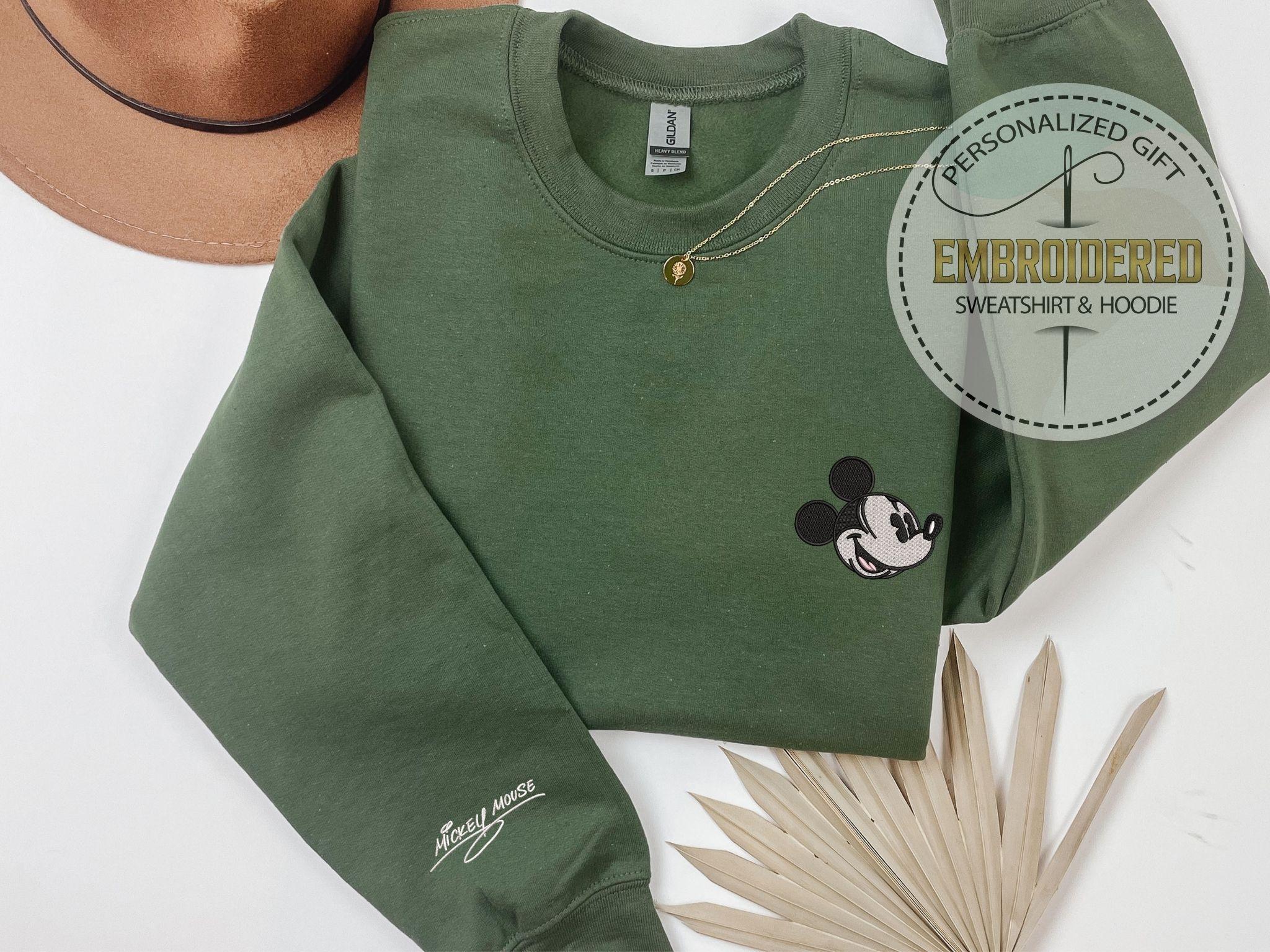 Embroidered Mickey or Minnie Hoodie with Signature Sleeve – Disney Trip Sweatshirt and Theme Park Gift for Him