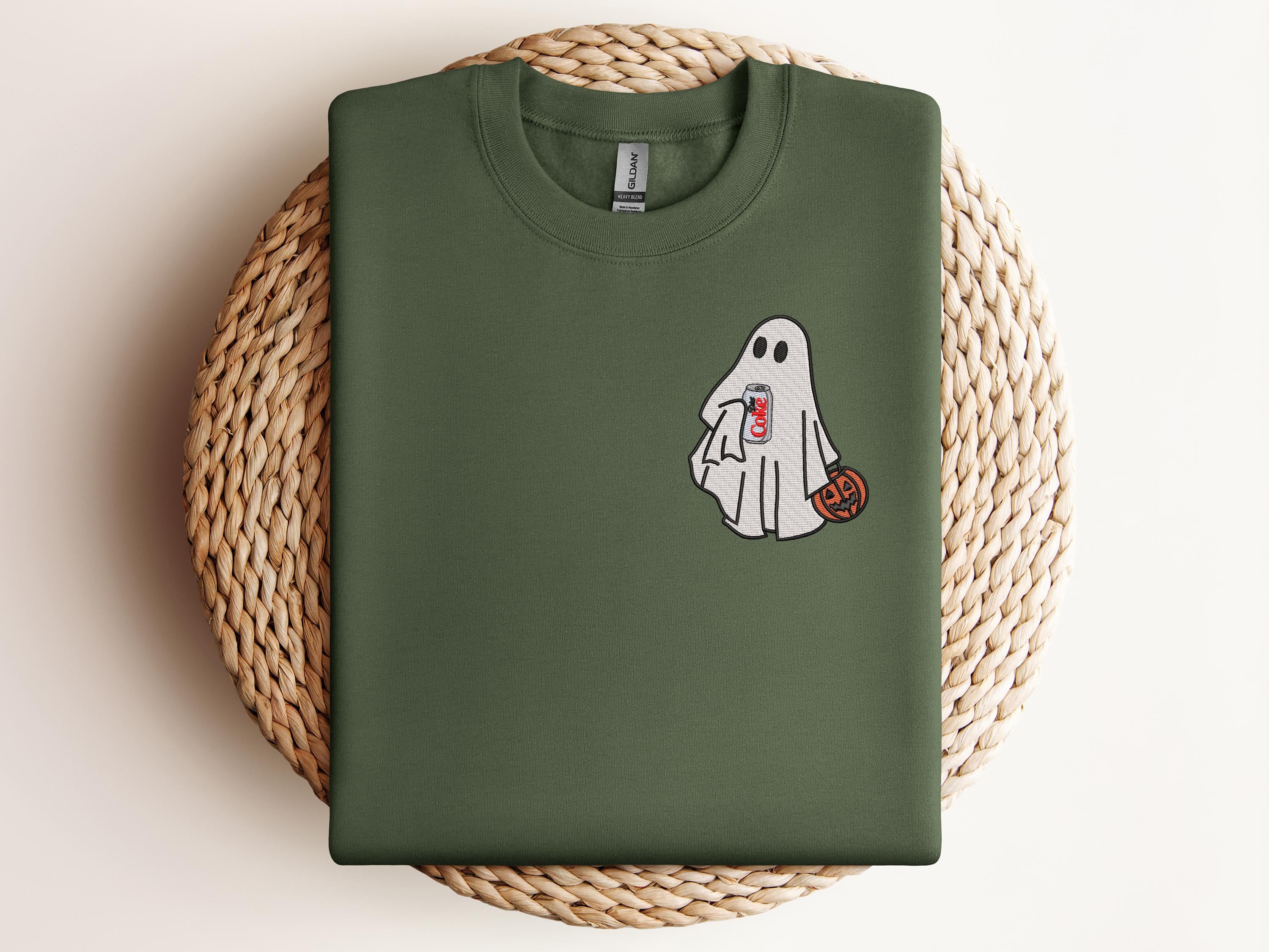 Embroidered Halloween Ghost Sweatshirt with Diet Coke – Spooky Season Crewneck for Halloween Parties