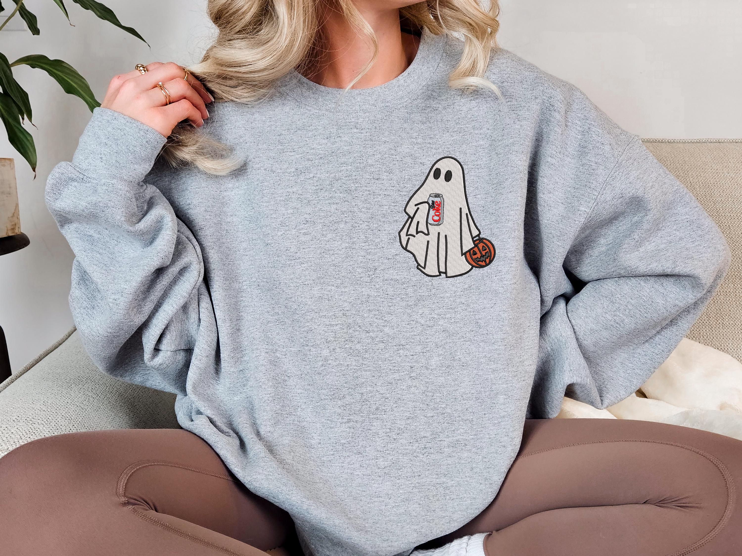 Embroidered Halloween Ghost Sweatshirt with Diet Coke – Spooky Season Crewneck for Halloween Parties - photo 3