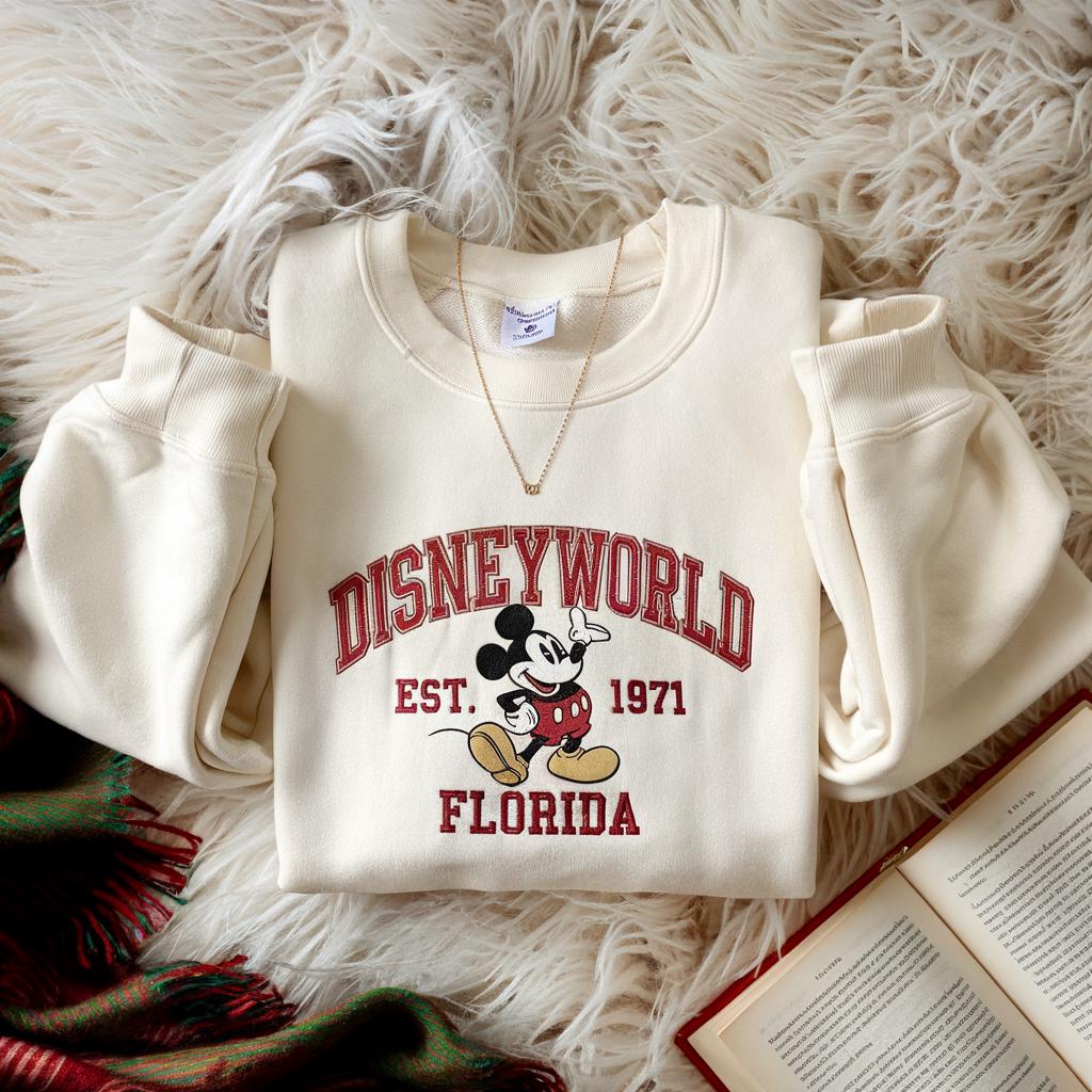 Embroidered Retro Disney World Florida Sweatshirt with Est 1971 – Mickey and Friends Walt Disney Vacation Shirt