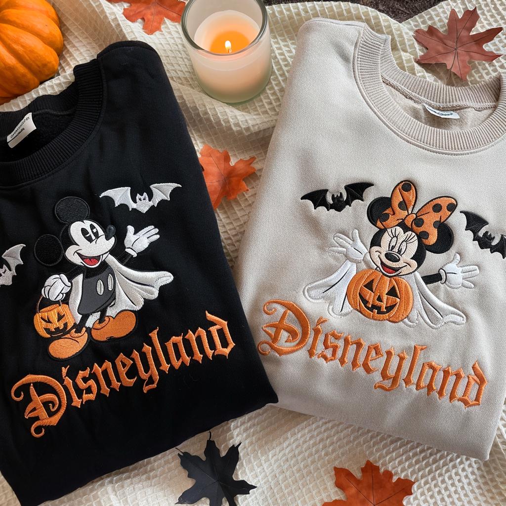 Embroidered Mickey and Minnie Halloween Couple Sweatshirt – Ghost Disneyland Shirt and Spooky Fall Disney Crewneck