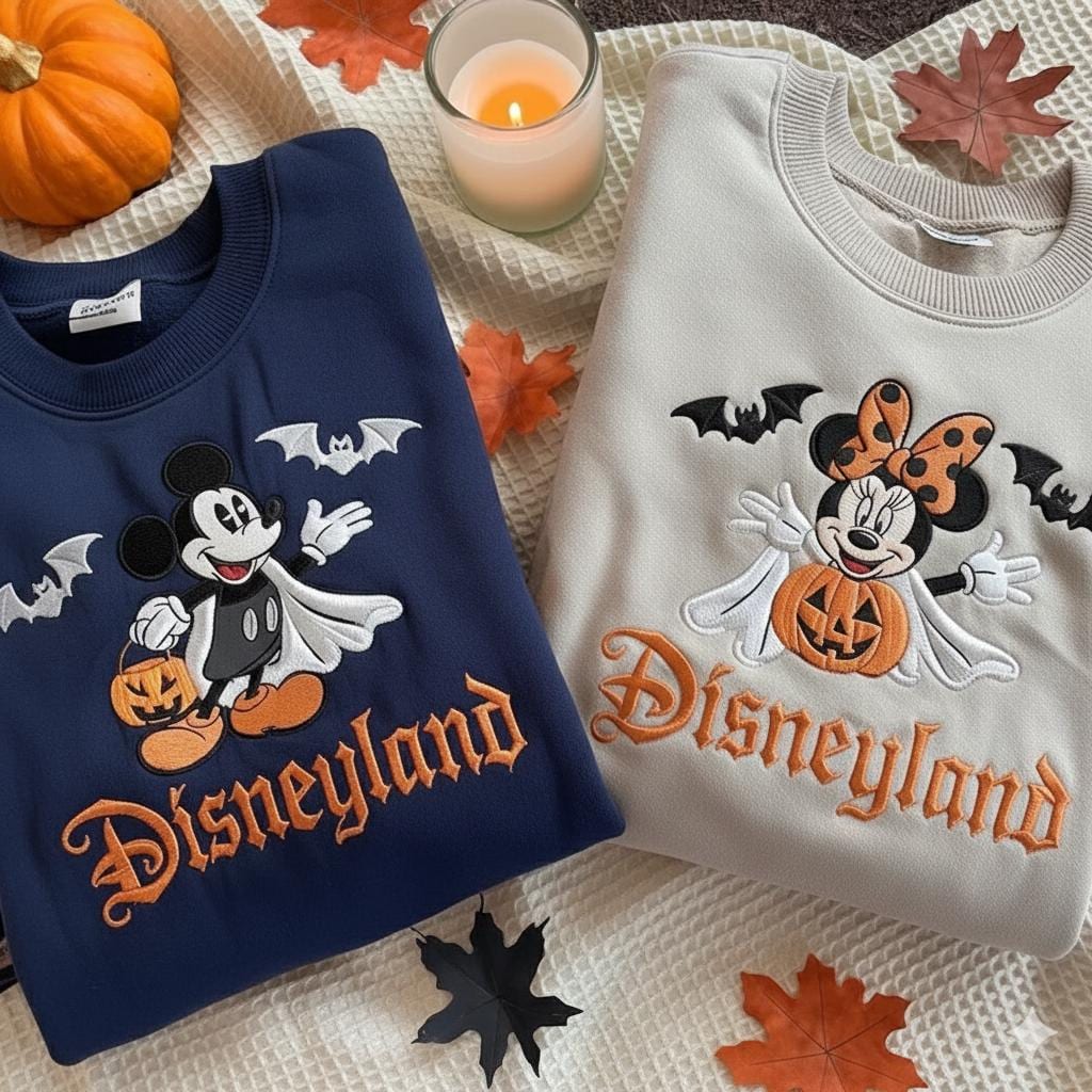 Embroidered Mickey and Minnie Halloween Couple Sweatshirt – Ghost Disneyland Shirt and Spooky Fall Disney Crewneck - photo 2