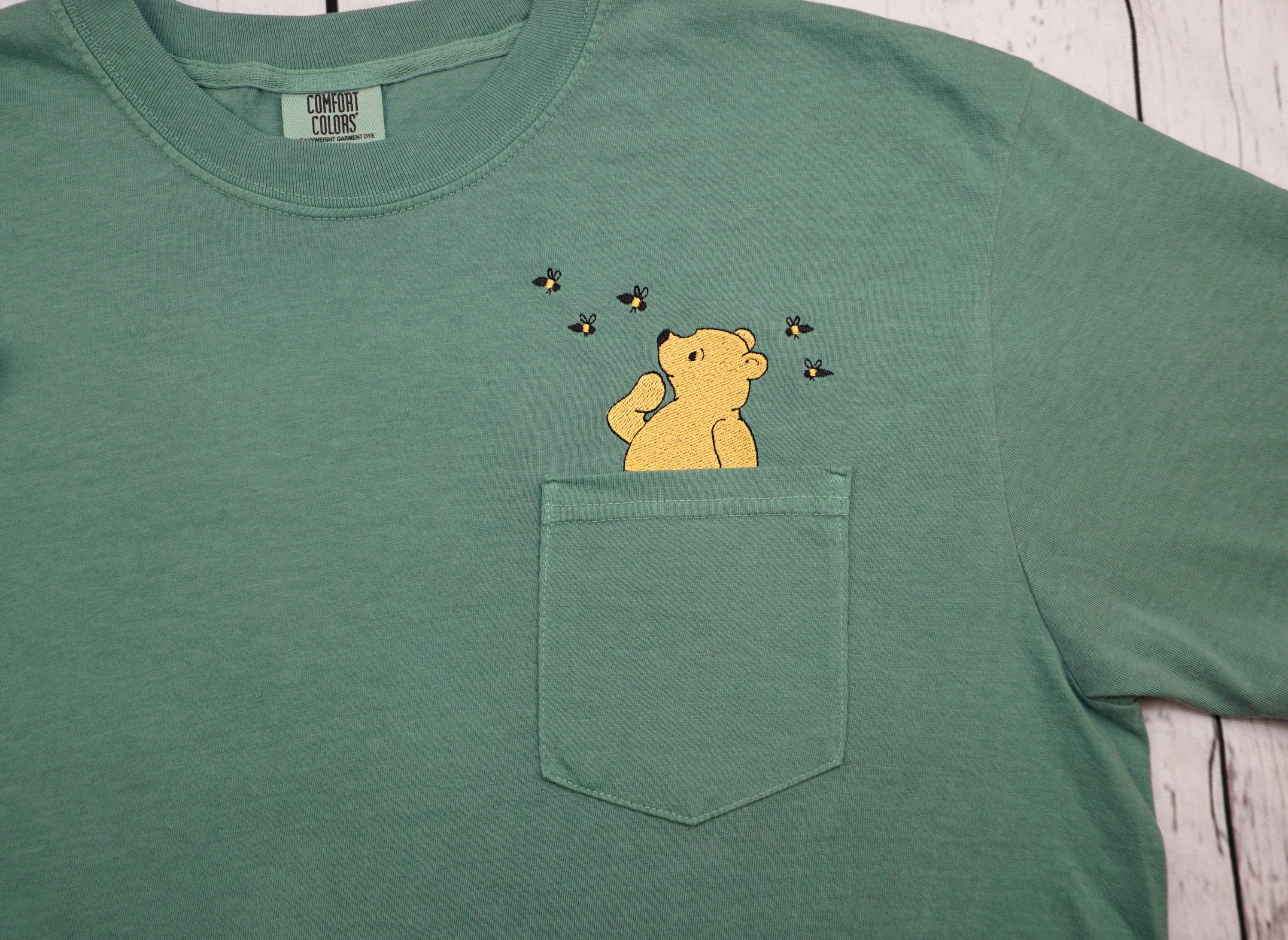 Classic Winnie the Pooh Embroidered Pocket Tee – Comfort Colors Vintage Garment-Dyed Unisex Adult T-Shirt