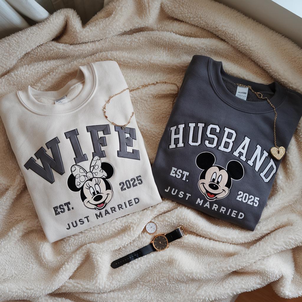 Custom Embroidered Just Married Disney Sweatshirt – Wife and Husband Matching Newlywed Shirts for Honeymoon Gifts