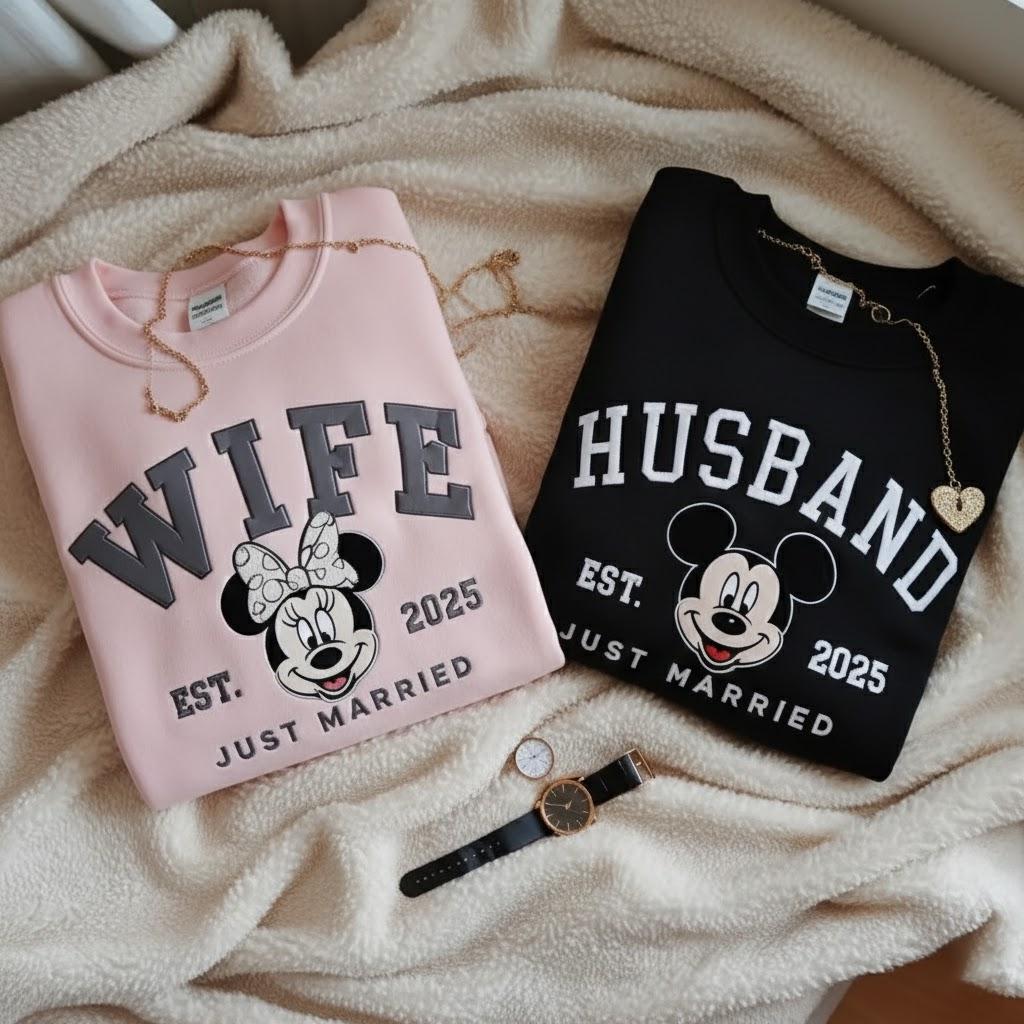 Custom Embroidered Just Married Disney Sweatshirt – Wife and Husband Matching Newlywed Shirts for Honeymoon Gifts - photo 4