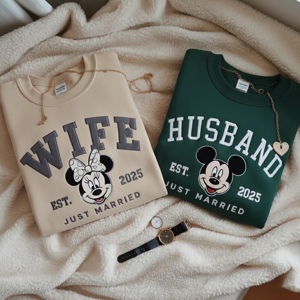 Custom Embroidered Just Married Disney Sweatshirt – Wife and Husband Matching Newlywed Shirts for Honeymoon Gifts - photo 5