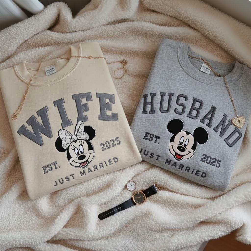 Custom Embroidered Just Married Disney Sweatshirt – Wife and Husband Matching Newlywed Shirts for Honeymoon Gifts - photo 6