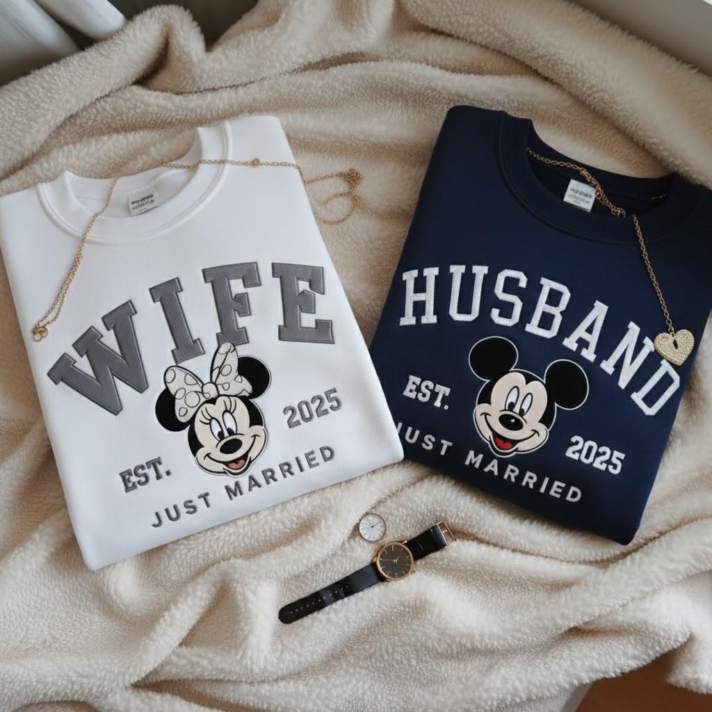 Custom Embroidered Just Married Disney Sweatshirt – Wife and Husband Matching Newlywed Shirts for Honeymoon Gifts - photo 7
