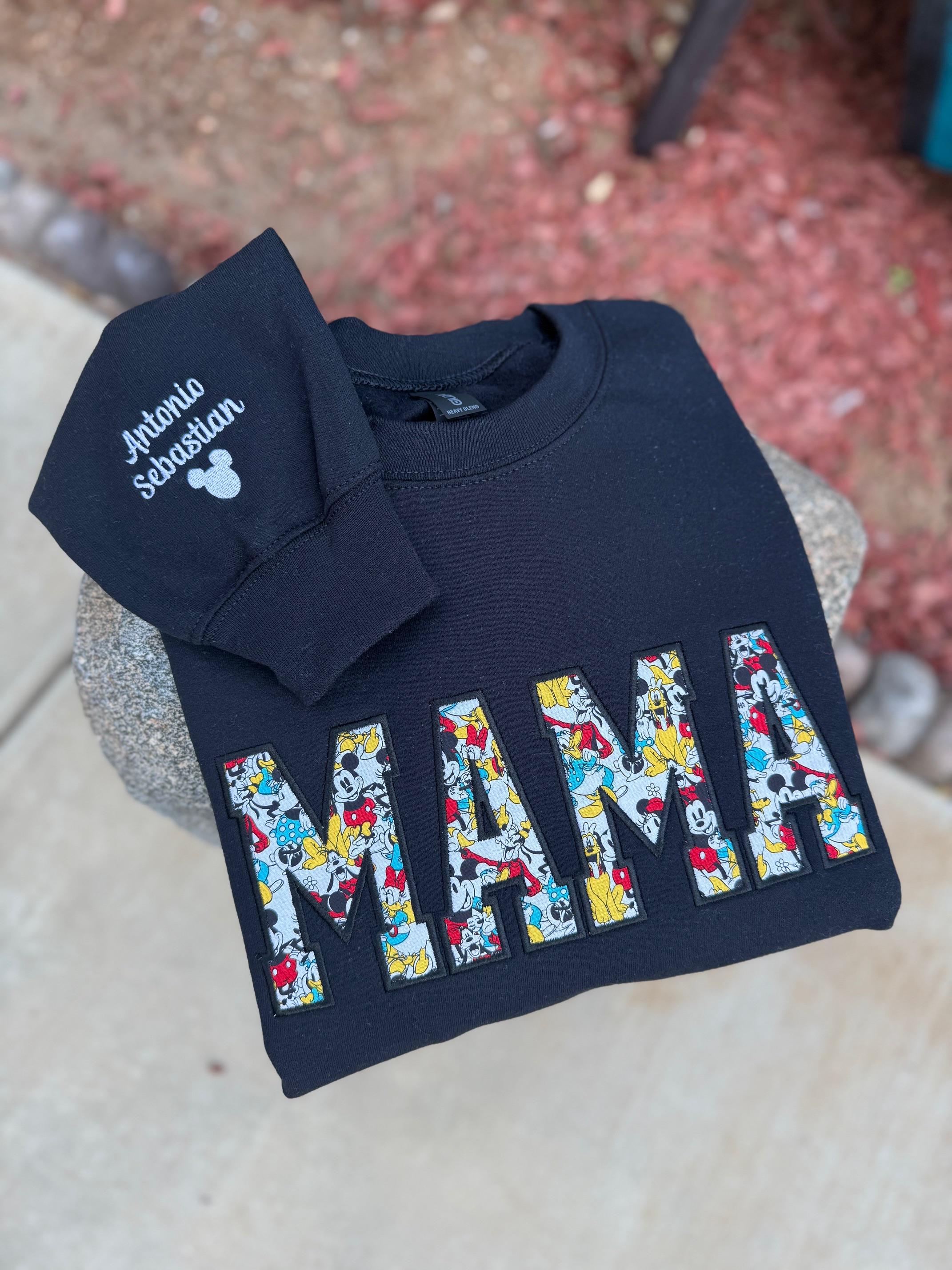 Embroidered Mama Appliqué Sweatshirt with Disney Characters – Personalized Sleeve with Kids Names Custom Mom Crewneck
