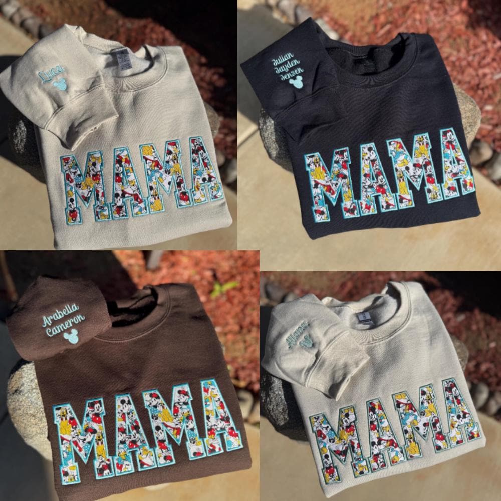 Embroidered Mama Appliqué Sweatshirt with Disney Characters – Personalized Sleeve with Kids Names Custom Mom Crewneck - photo 2