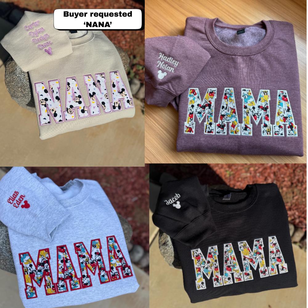 Embroidered Mama Appliqué Sweatshirt with Disney Characters – Personalized Sleeve with Kids Names Custom Mom Crewneck - photo 3