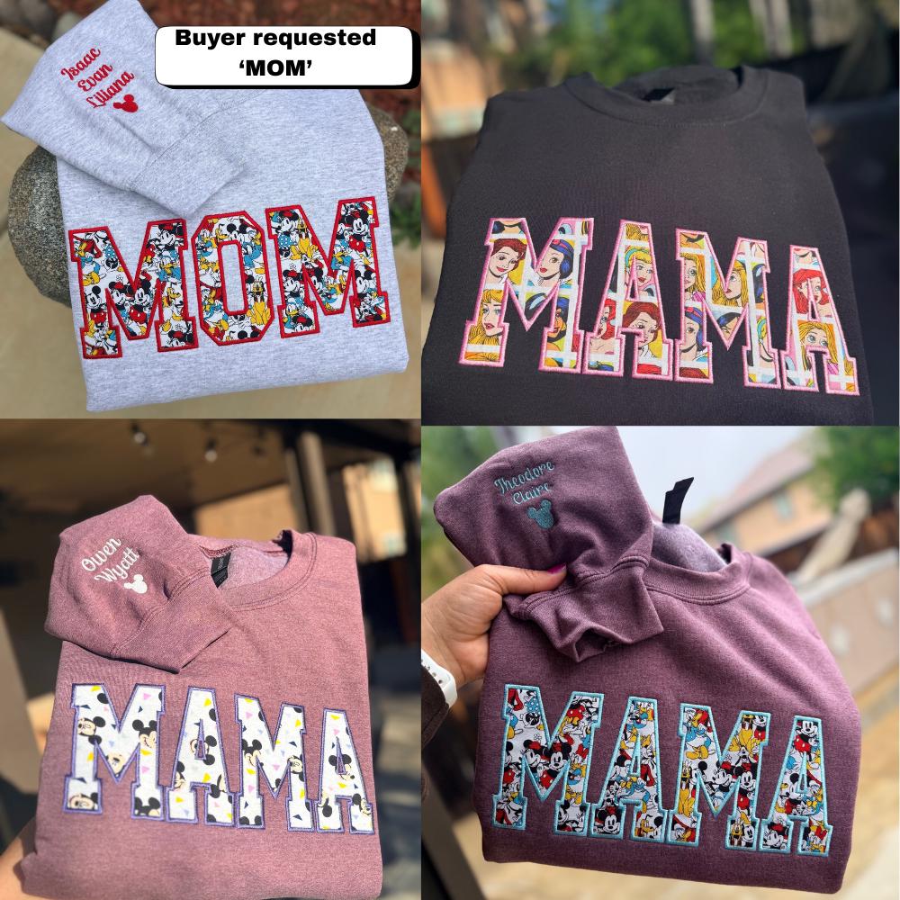Embroidered Mama Appliqué Sweatshirt with Disney Characters – Personalized Sleeve with Kids Names Custom Mom Crewneck - photo 4