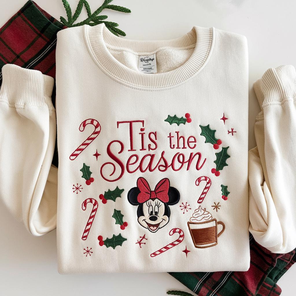 Embroidered Minnie Christmas Sweatshirt – Disney Tis the Season Holiday Crewneck and Merry Xmas Minnie Shirt