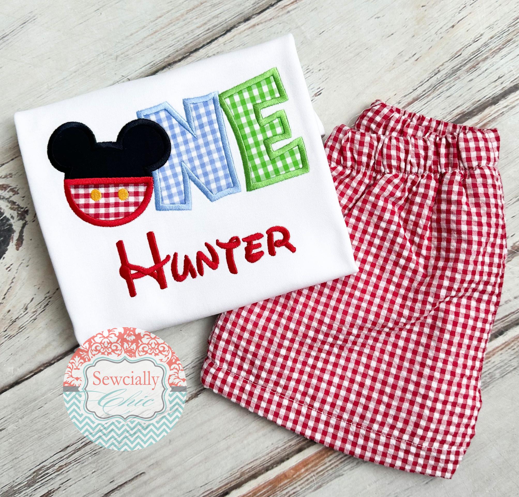 Embroidered Mickey Mouse Birthday Outfit with Gingham Shorts – Custom Age Disney Birthday Set for Parties