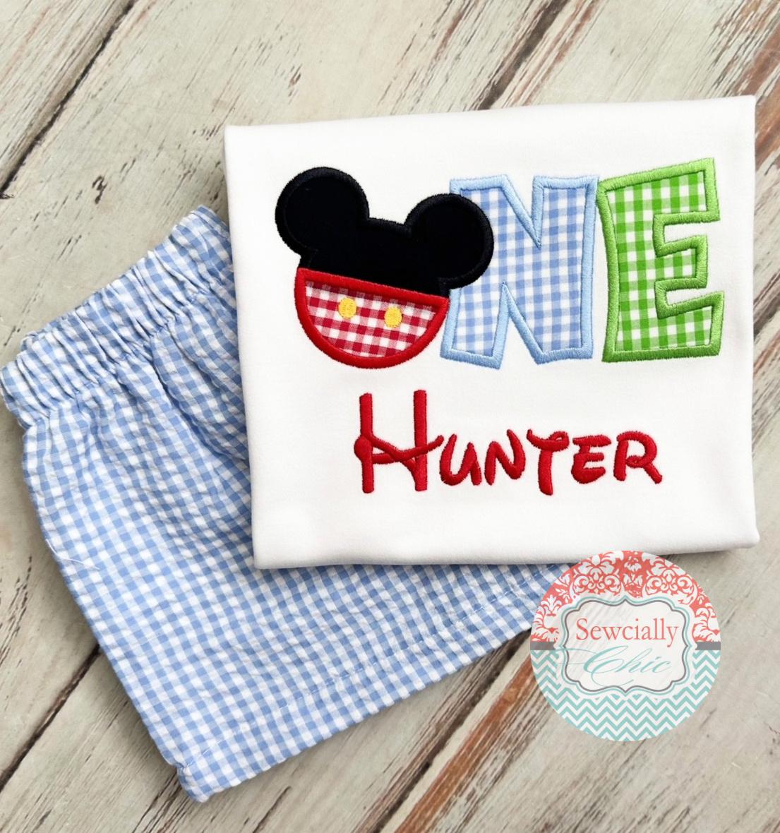 Embroidered Mickey Mouse Birthday Outfit with Gingham Shorts – Custom Age Disney Birthday Set for Parties - photo 2