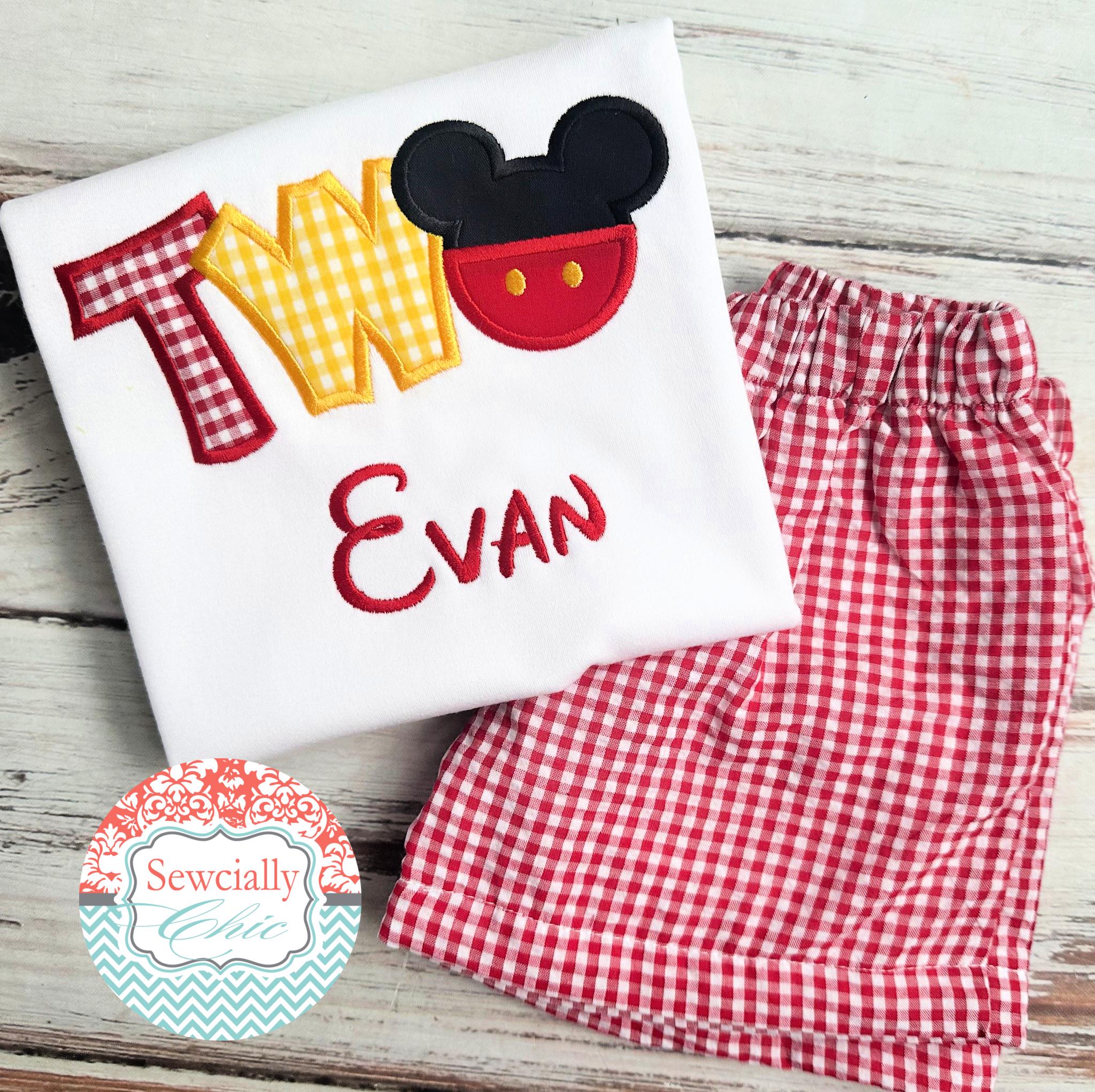 Embroidered Mickey Mouse Birthday Outfit with Gingham Shorts – Custom Age Disney Birthday Set for Parties - photo 3
