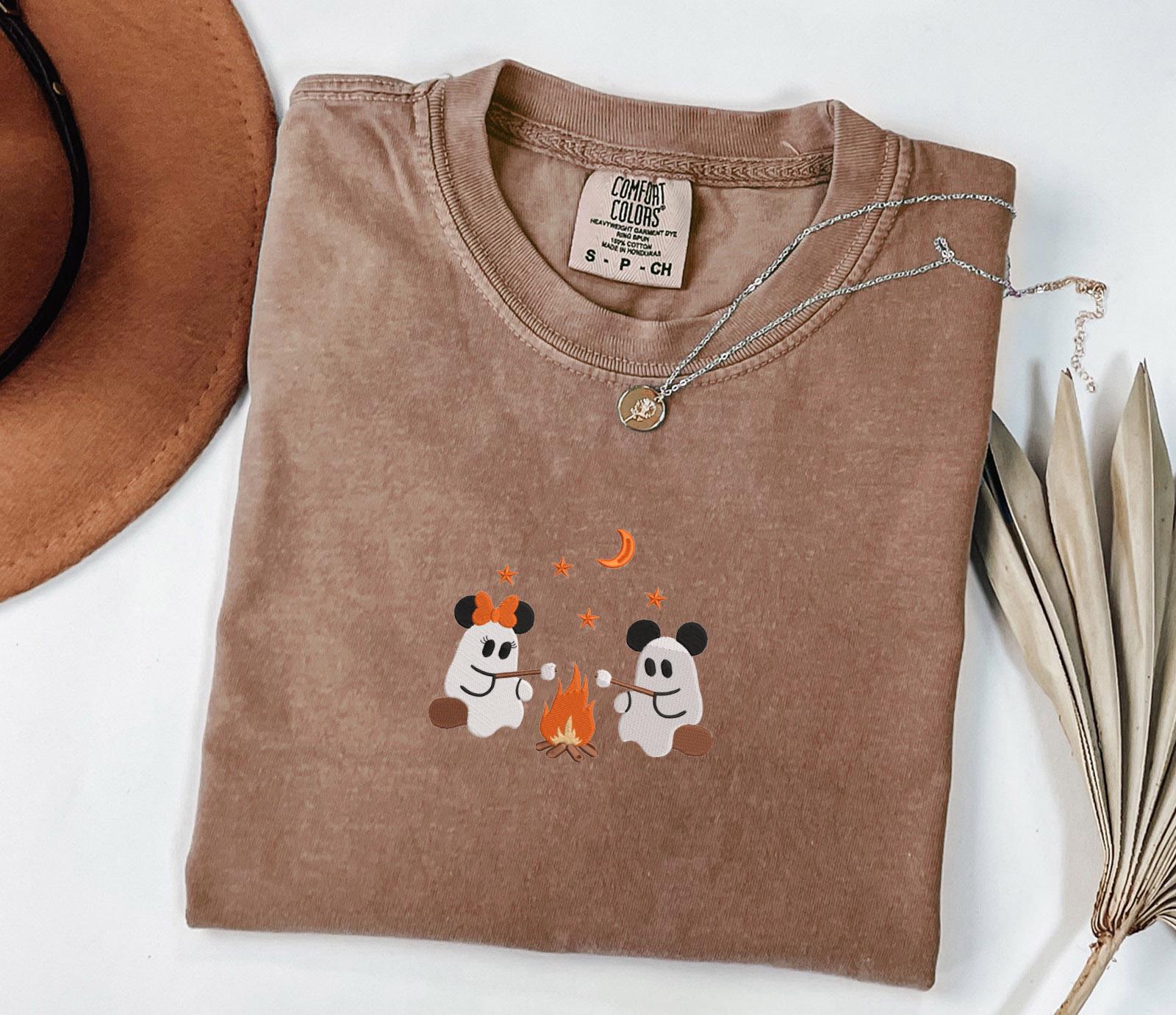 Embroidered Mickey and Minnie Halloween Campfire Comfort Colors Shirt – Cute Ghost Disney Couple Tee for Vintage Spooky Season