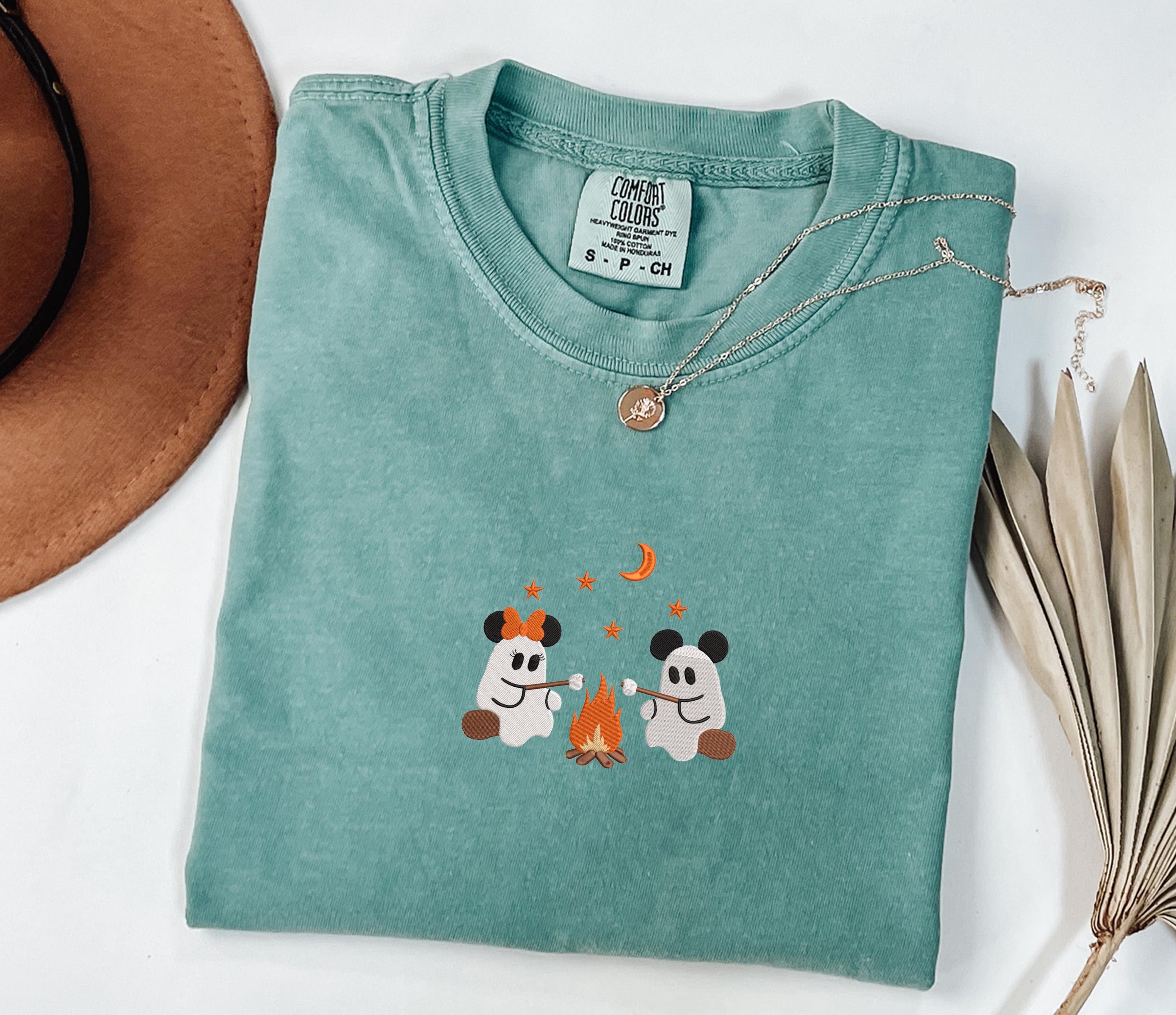 Embroidered Mickey and Minnie Halloween Campfire Comfort Colors Shirt – Cute Ghost Disney Couple Tee for Vintage Spooky Season - photo 3