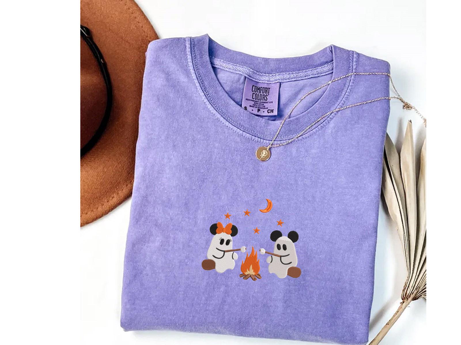 Embroidered Mickey and Minnie Halloween Campfire Comfort Colors Shirt – Cute Ghost Disney Couple Tee for Vintage Spooky Season - photo 4