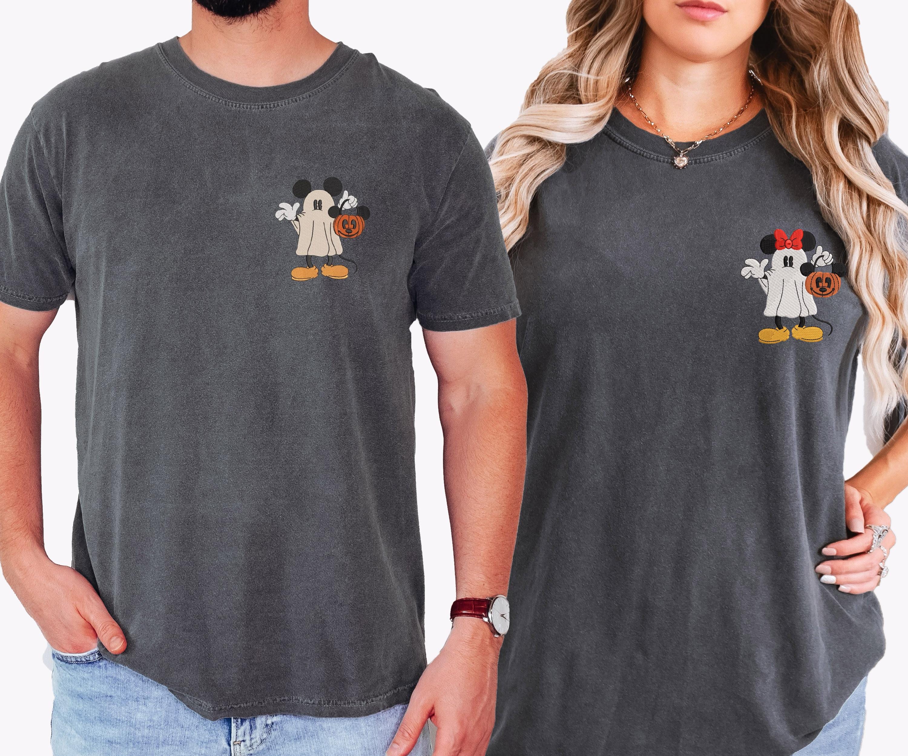Embroidered Disney Halloween Couple Shirts in Comfort Colors – Matching Mickey and Minnie Ghost Tee for Spooky Fans