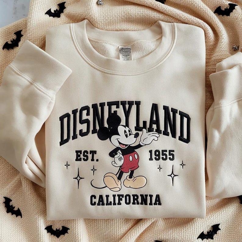 Disneyland California Embroidered Sweatshirt with Mickey Mouse Est 1955 – Retro Disney World Crewneck Shirt