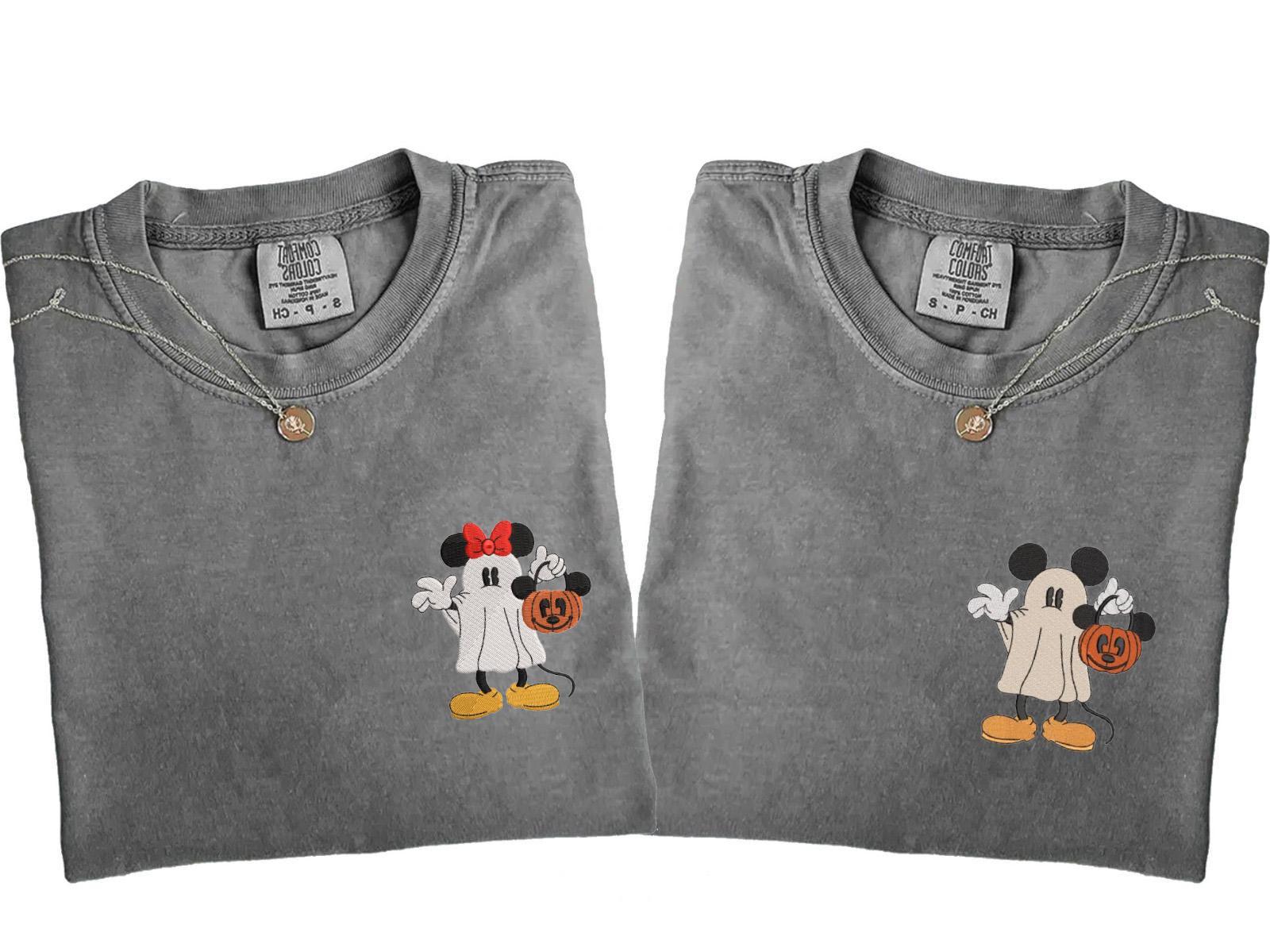 Embroidered Mickey and Minnie Halloween Couple Shirts in Comfort Colors – Matching Disney Ghost and Pumpkin Tee