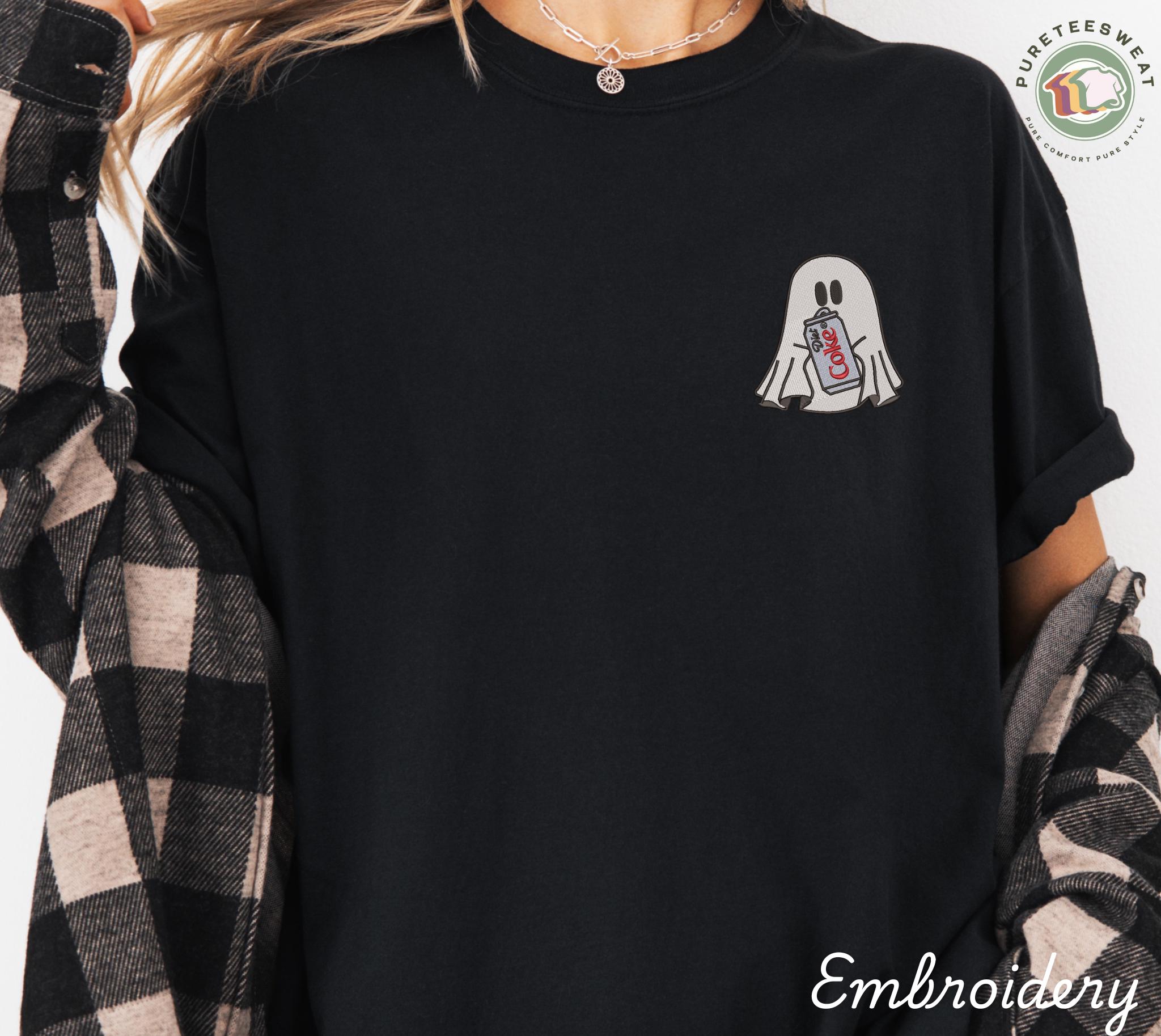 Custom Embroidered Ghost with Diet Coke T-Shirt – Cute Halloween Cola Ghost Tee for Fall and Spooky Season