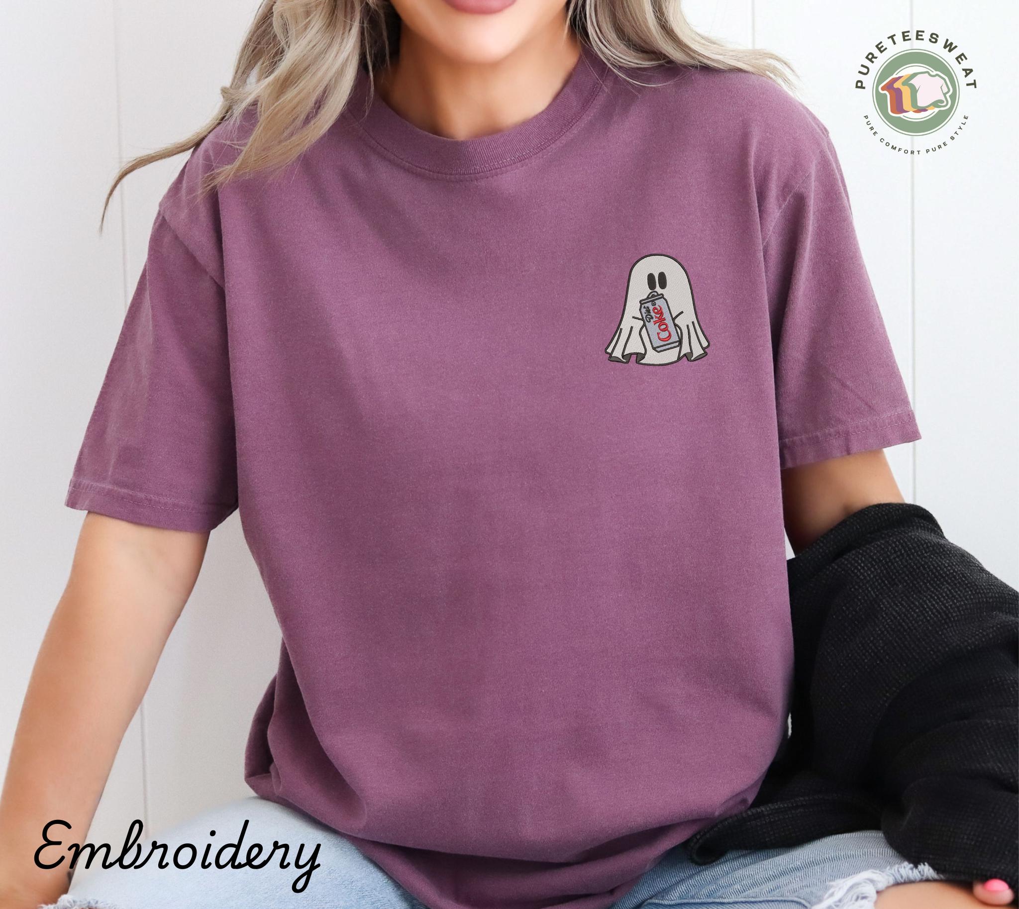 Custom Embroidered Ghost with Diet Coke T-Shirt – Cute Halloween Cola Ghost Tee for Fall and Spooky Season - photo 2