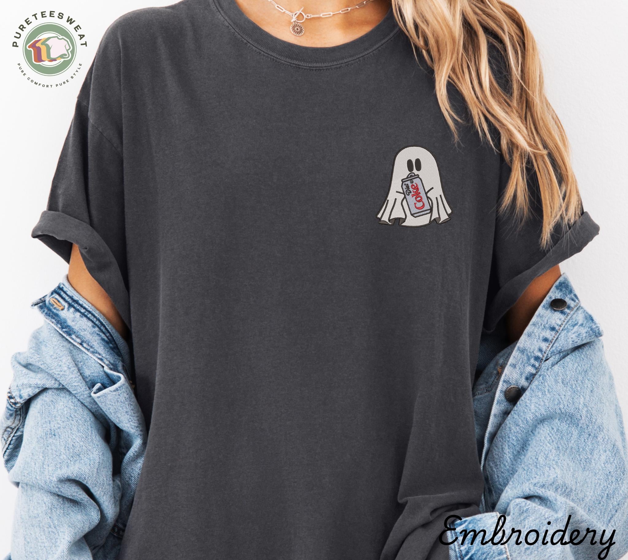 Custom Embroidered Ghost with Diet Coke T-Shirt – Cute Halloween Cola Ghost Tee for Fall and Spooky Season - photo 3