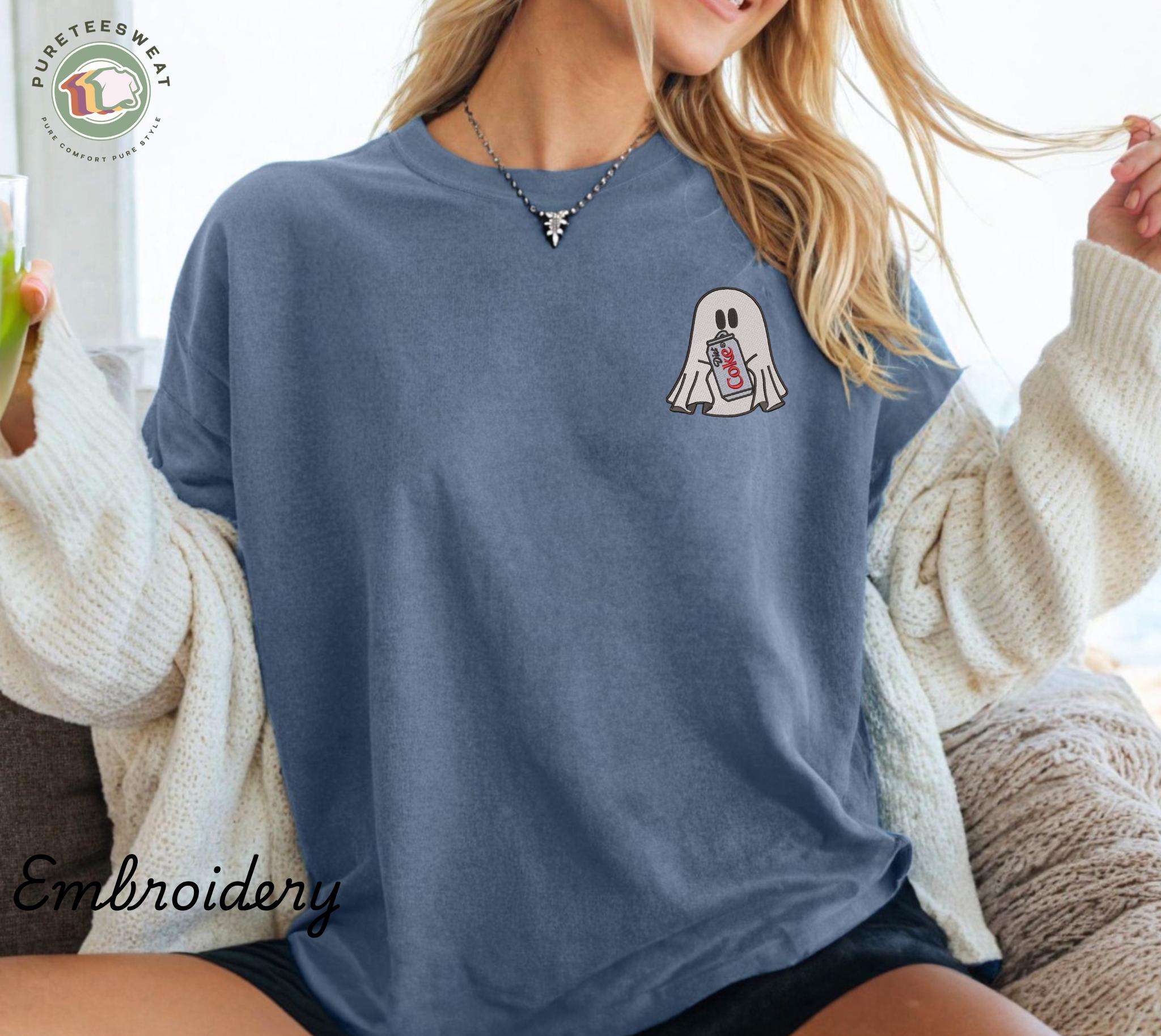 Custom Embroidered Ghost with Diet Coke T-Shirt – Cute Halloween Cola Ghost Tee for Fall and Spooky Season - photo 4