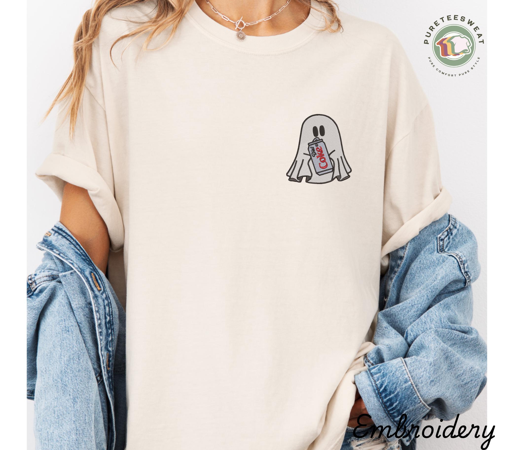 Custom Embroidered Ghost with Diet Coke T-Shirt – Cute Halloween Cola Ghost Tee for Fall and Spooky Season - photo 5