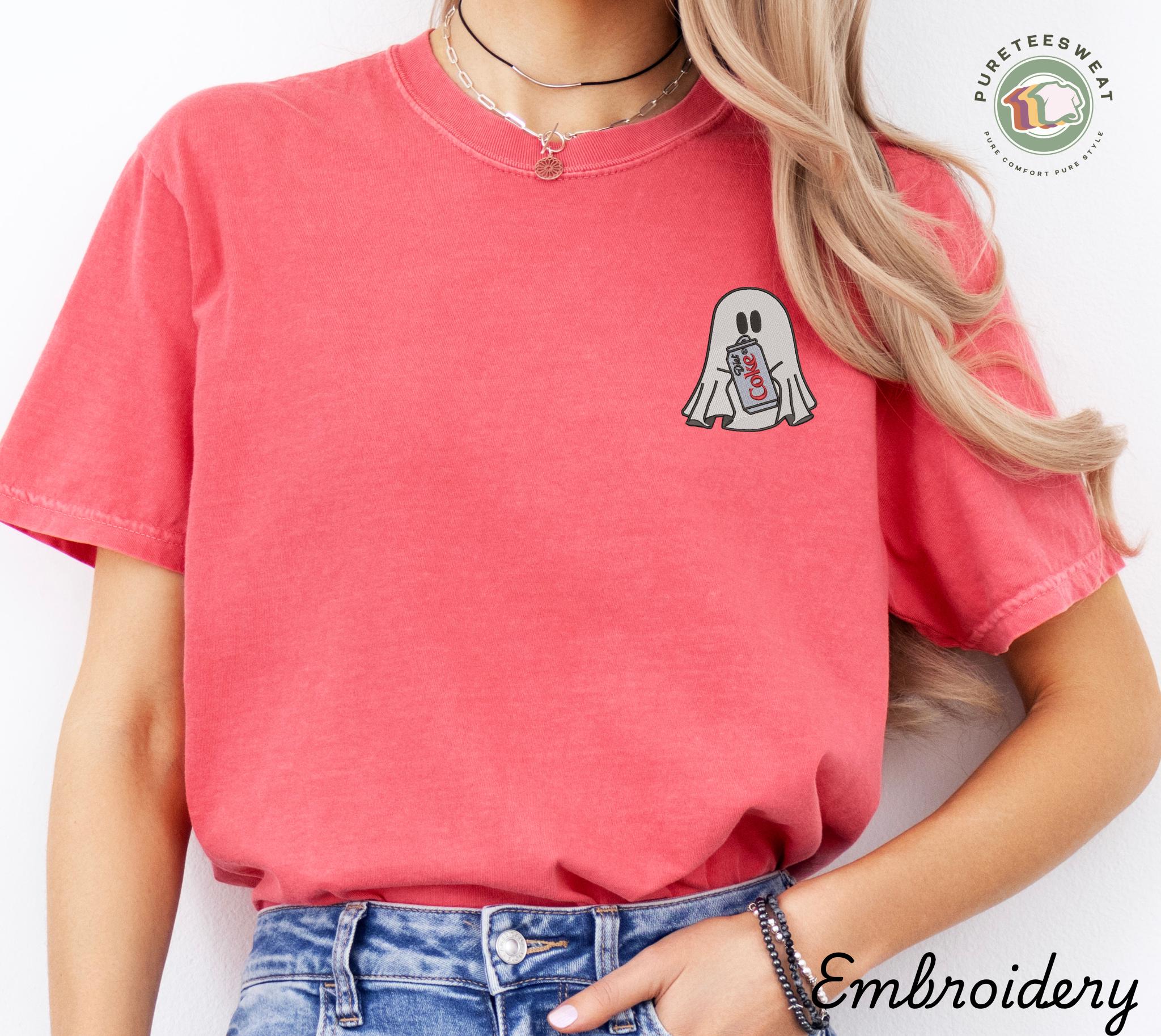 Custom Embroidered Ghost with Diet Coke T-Shirt – Cute Halloween Cola Ghost Tee for Fall and Spooky Season - photo 6