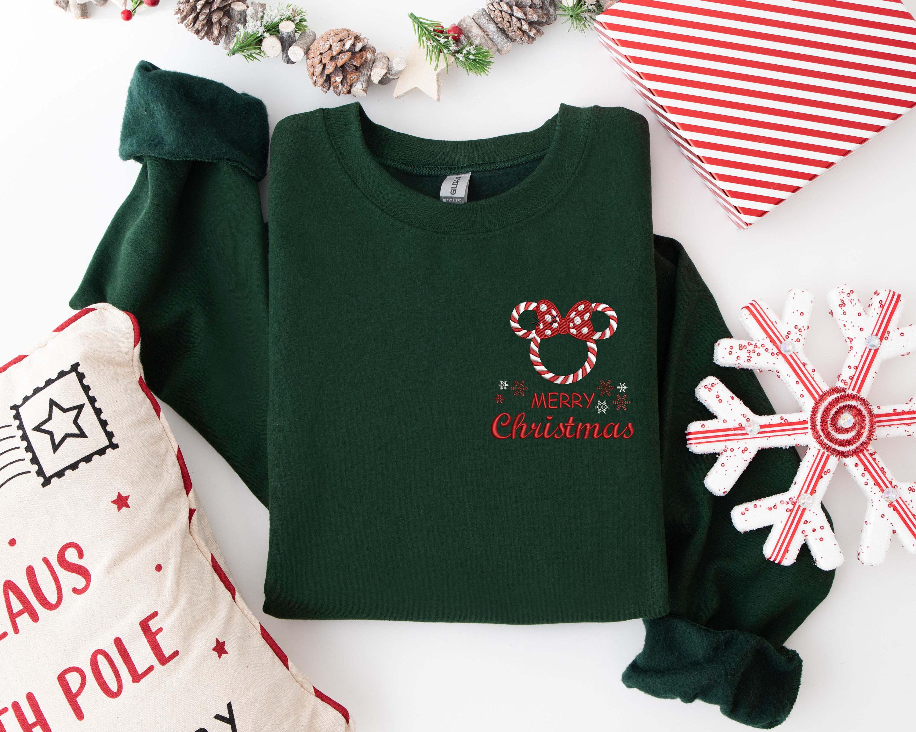 Embroidered Merry Christmas Disney Sweatshirt with Santa Mickey and Minnie Mouse – Xmas Party Crewneck - photo 2