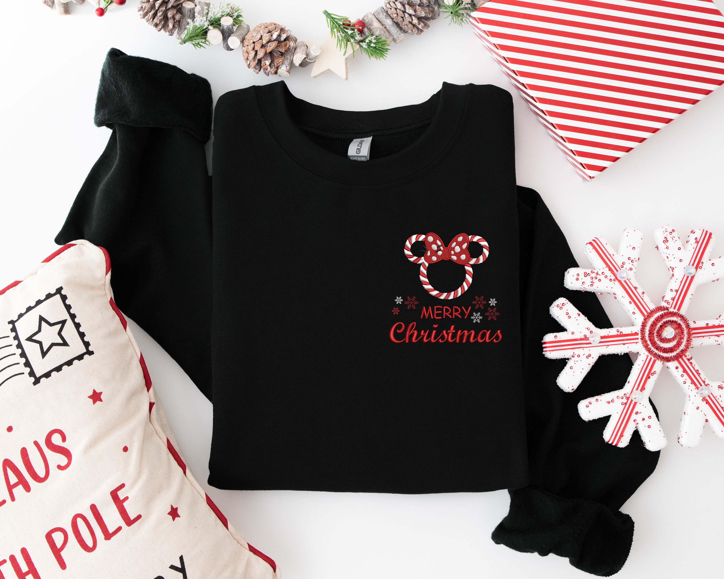 Embroidered Merry Christmas Disney Sweatshirt with Santa Mickey and Minnie Mouse – Xmas Party Crewneck - photo 3